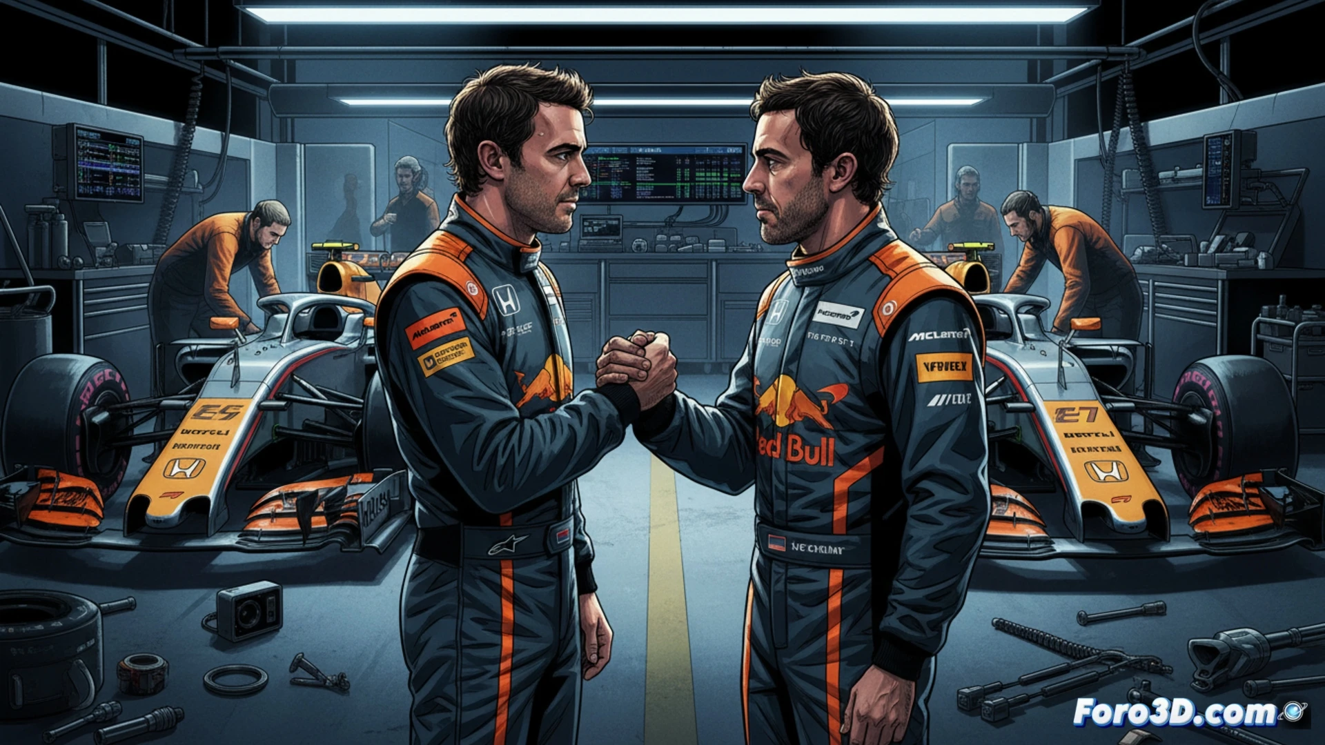 Jenson Button y Fernando Alonso, pilotos de McLaren, en un momento de tensa concentración dentro del garaje.