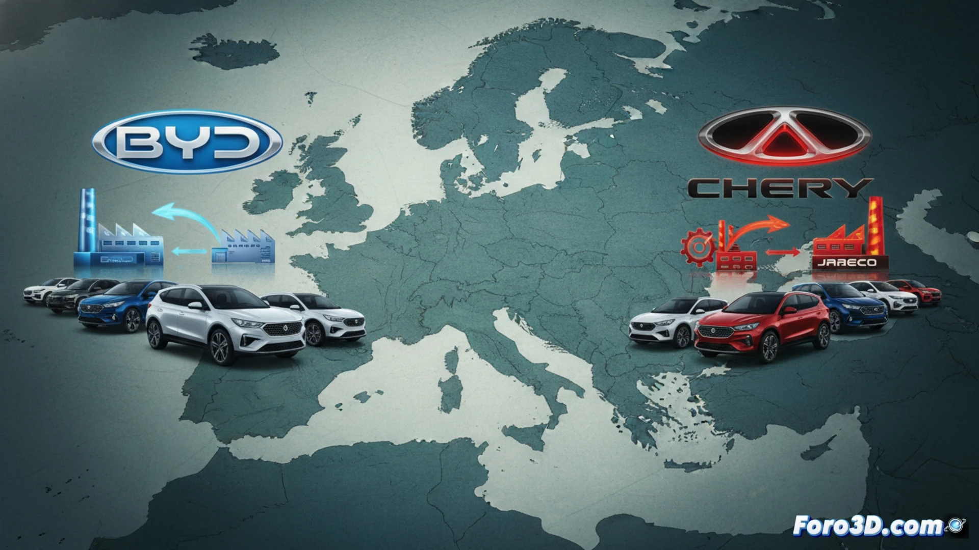 Dos fabricantes chinos, BYD y Chery, frente a un mapa de Europa con rutas de expansión divergentes.