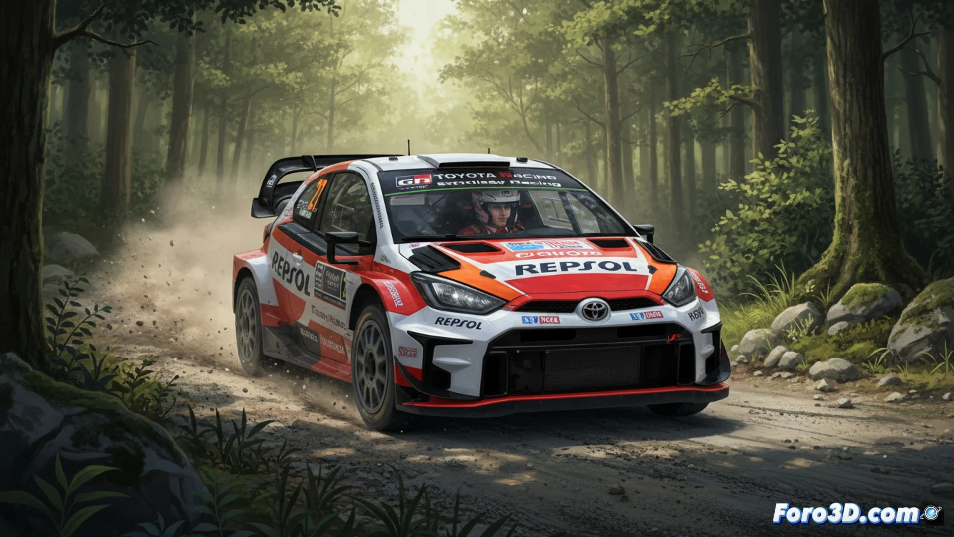 Alejandro Cachón, con mono Toyota-Repsol, mira un Rally1 en acción, con un crono marcando 2027.