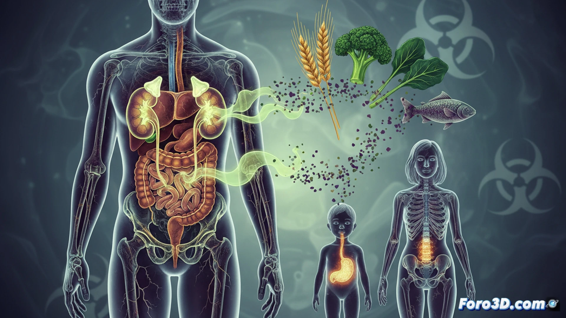 Imagen de alimentos comunes (cereales, verduras, mariscos) con un símbolo de peligro y cadmio acumulándose en un riñón en primer plano.