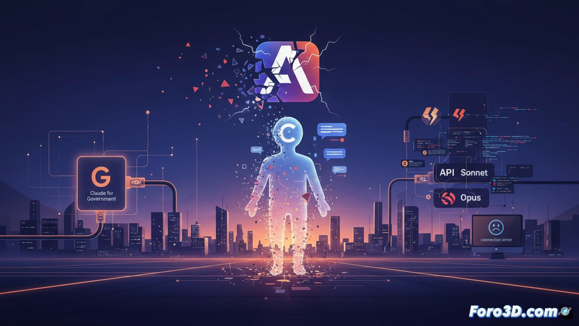 Una pantalla de ordenador muestra el logo de Claude en gris, con un mensaje de error de conexion. Un movil a la izquierda refleja el mismo fallo.