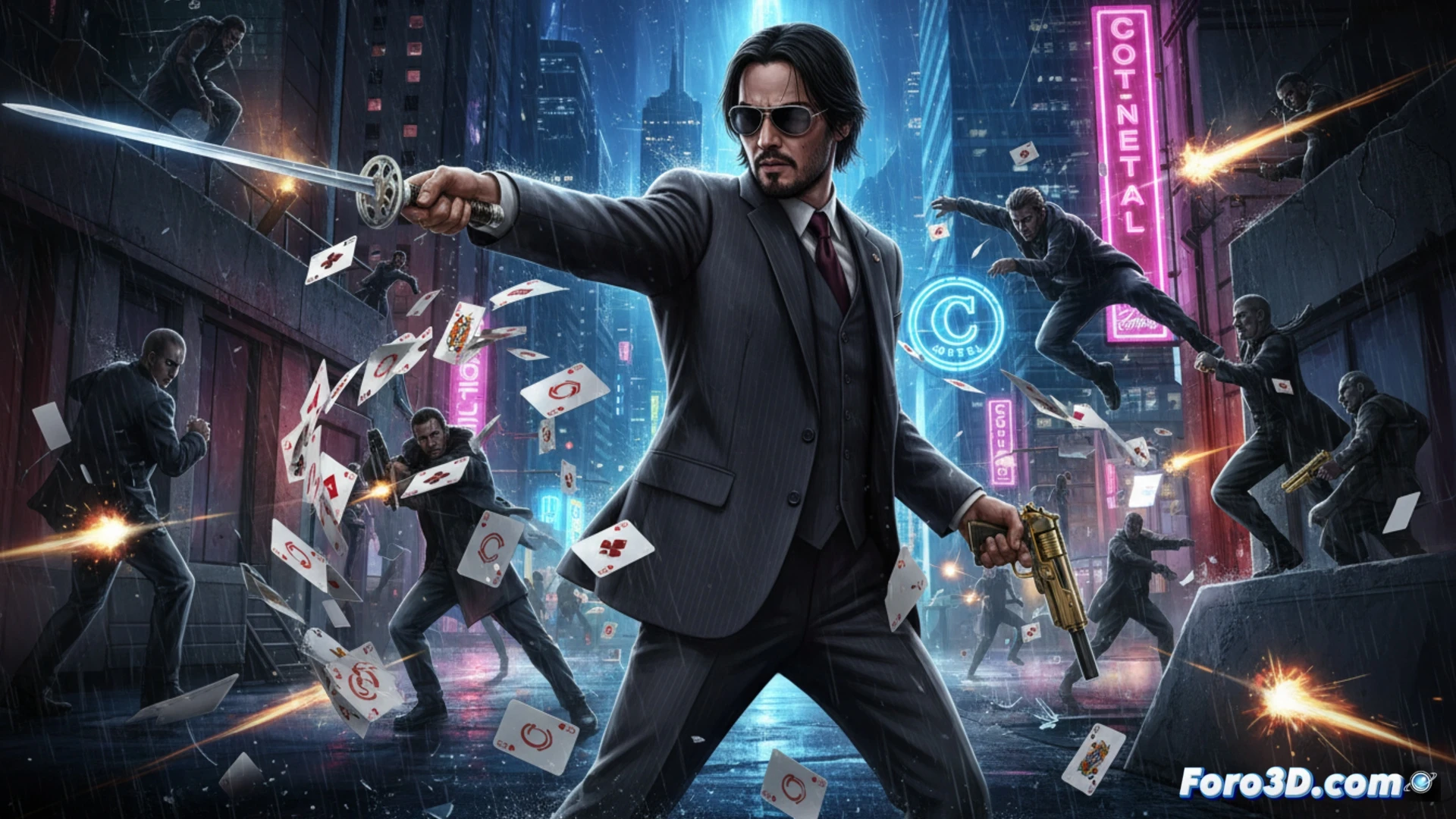 Un ciego Caine empuña su bastón-espada en un callejón oscuro, iluminado por neones rojos y azules.