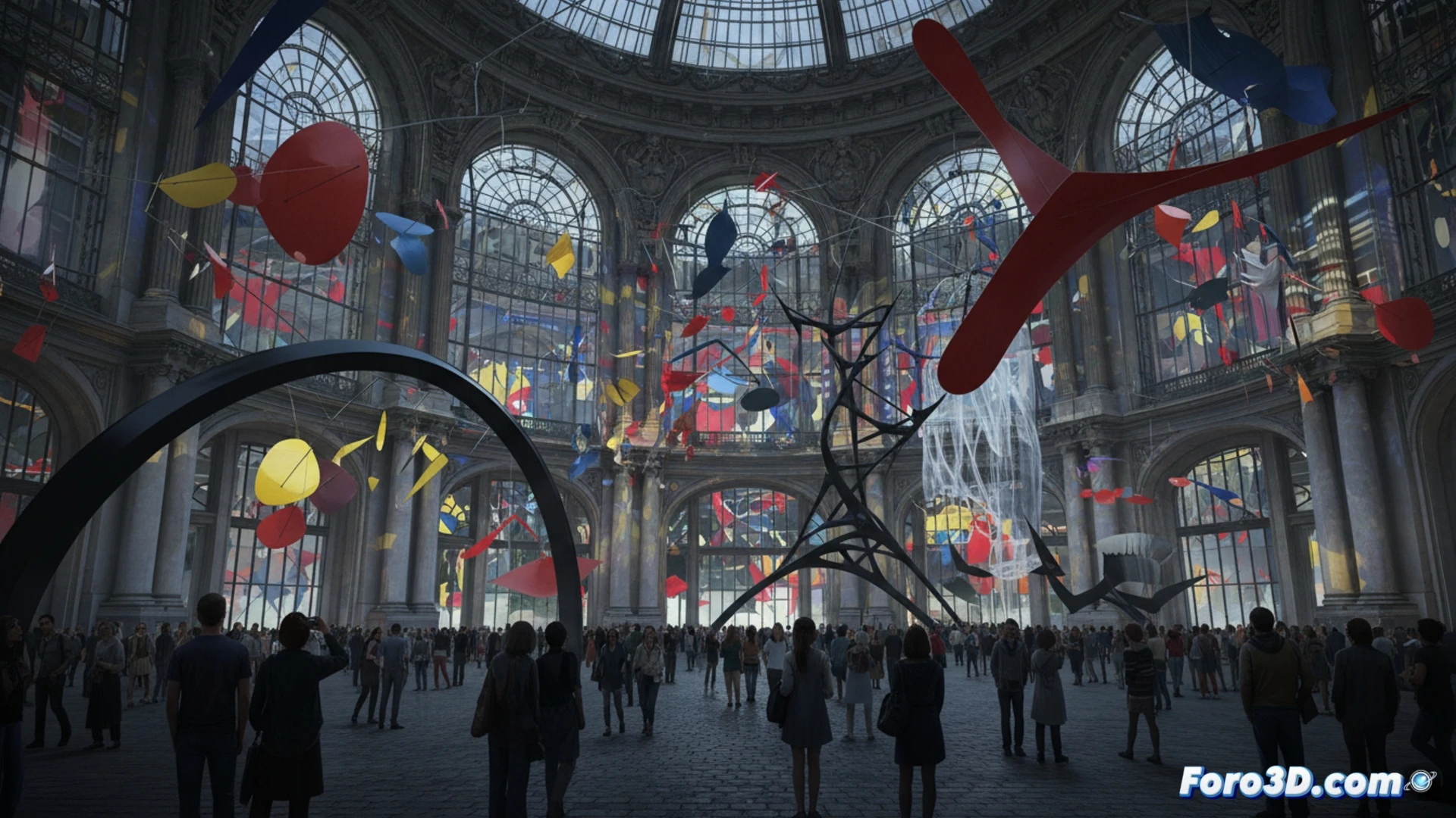 Una gran escultura móvil de Calder suspendida en el luminoso atrio de un edificio parisino.