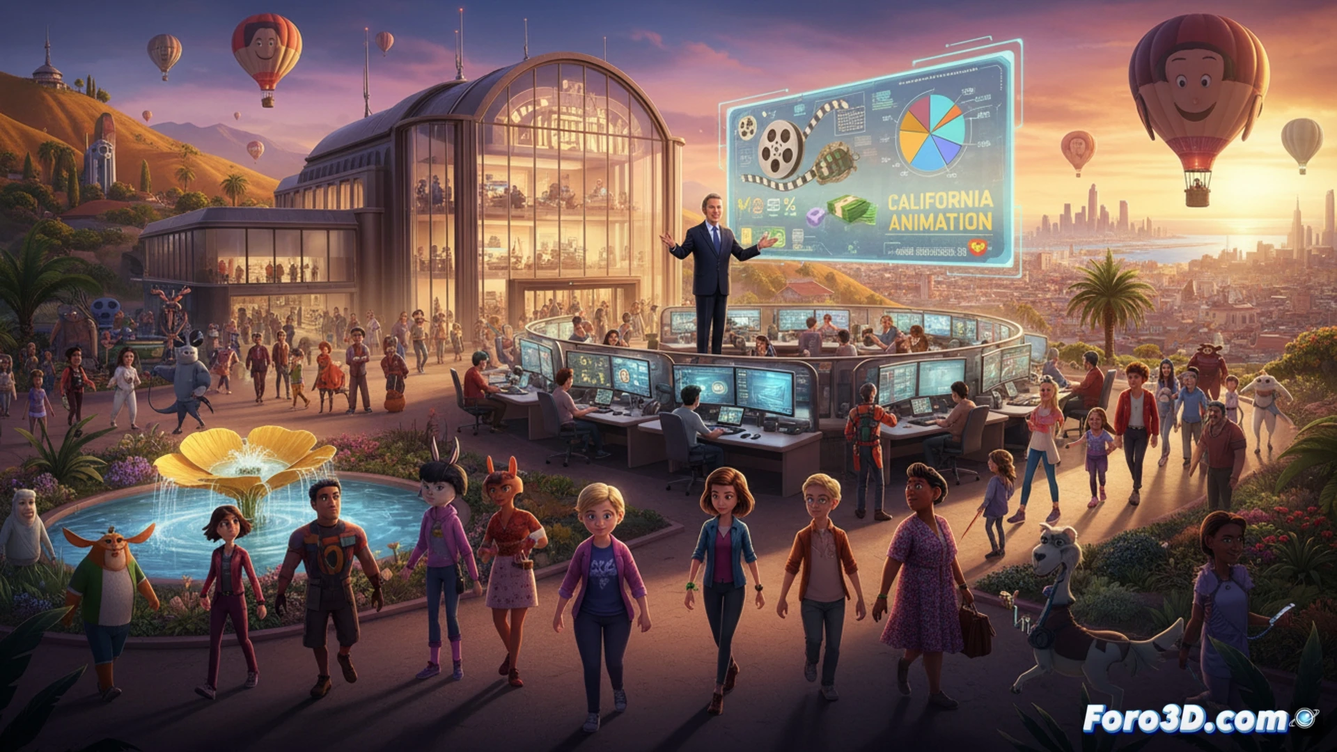 Un moderno estudio de animación con pantallas digitales muestra un paisaje californiano al atardecer. Sobre un escritorio, un boceto de personaje animado junto a documentos con el sello fiscal del estado. Luces de colores iluminan el espacio creativo.
