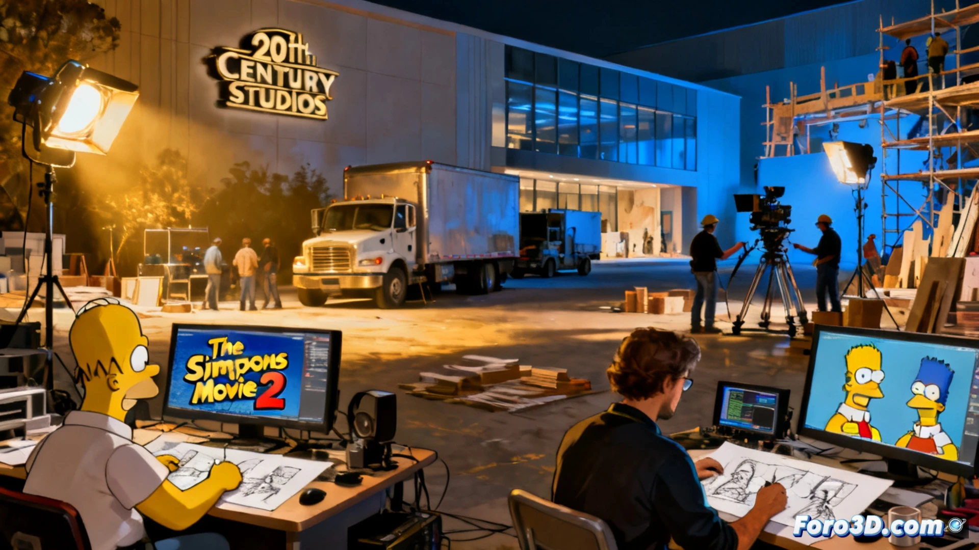 Un cineasta anima un lápiz que dibuja a Homero Simpson, con el Capitolio de California al fondo y un cheque de 21,9 millones flotando.