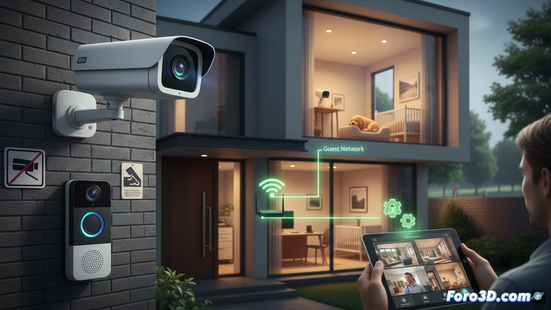 Una persona configurando una cámara doméstica en su tablet, con iconos de candado y leyes superpuestos.
