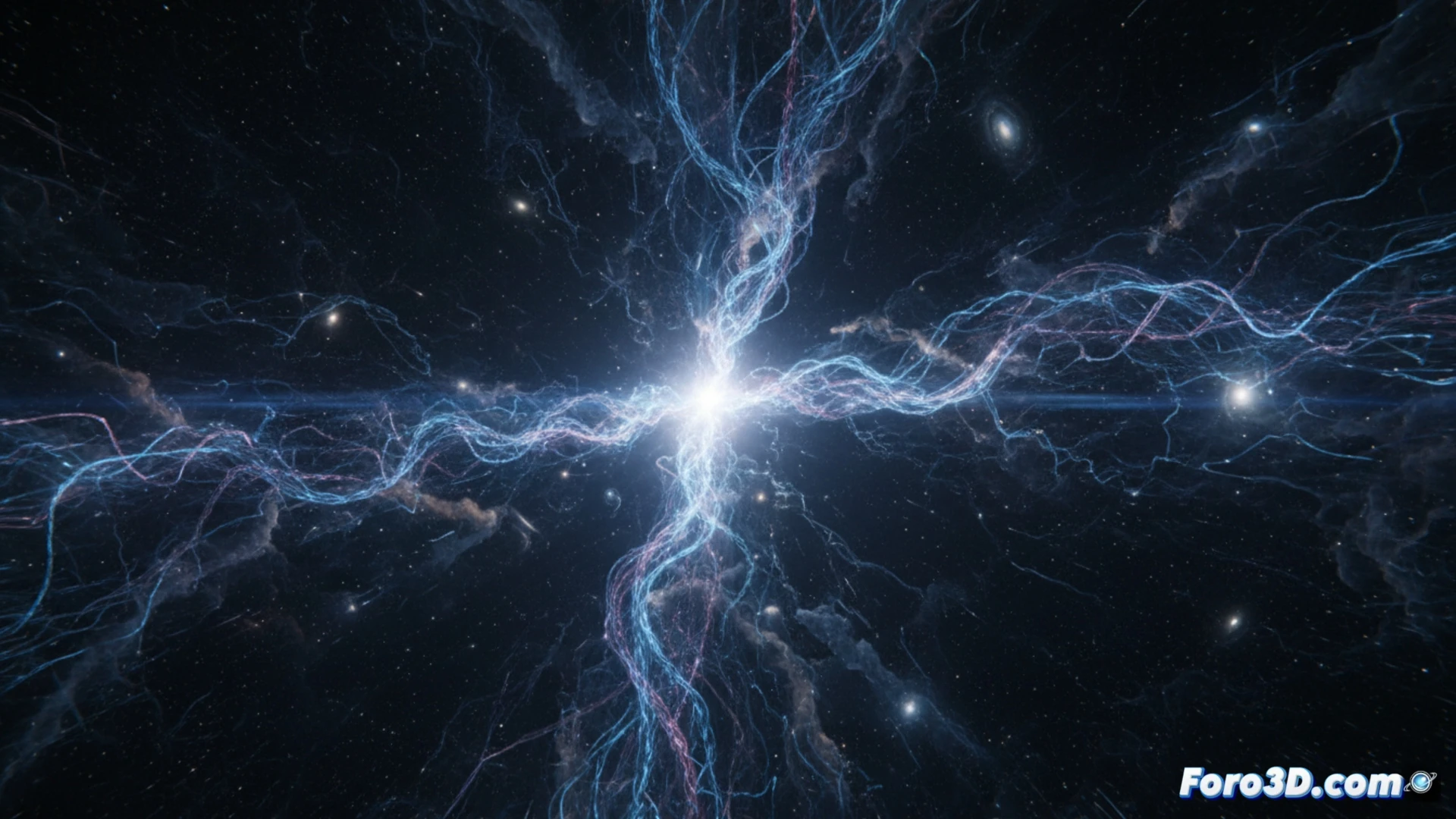 Imagen del cosmos con campos magnéticos en tenues ondas azules y púrpuras, difuminándose entre galaxias lejanas, sobre un fondo estrellado oscuro.