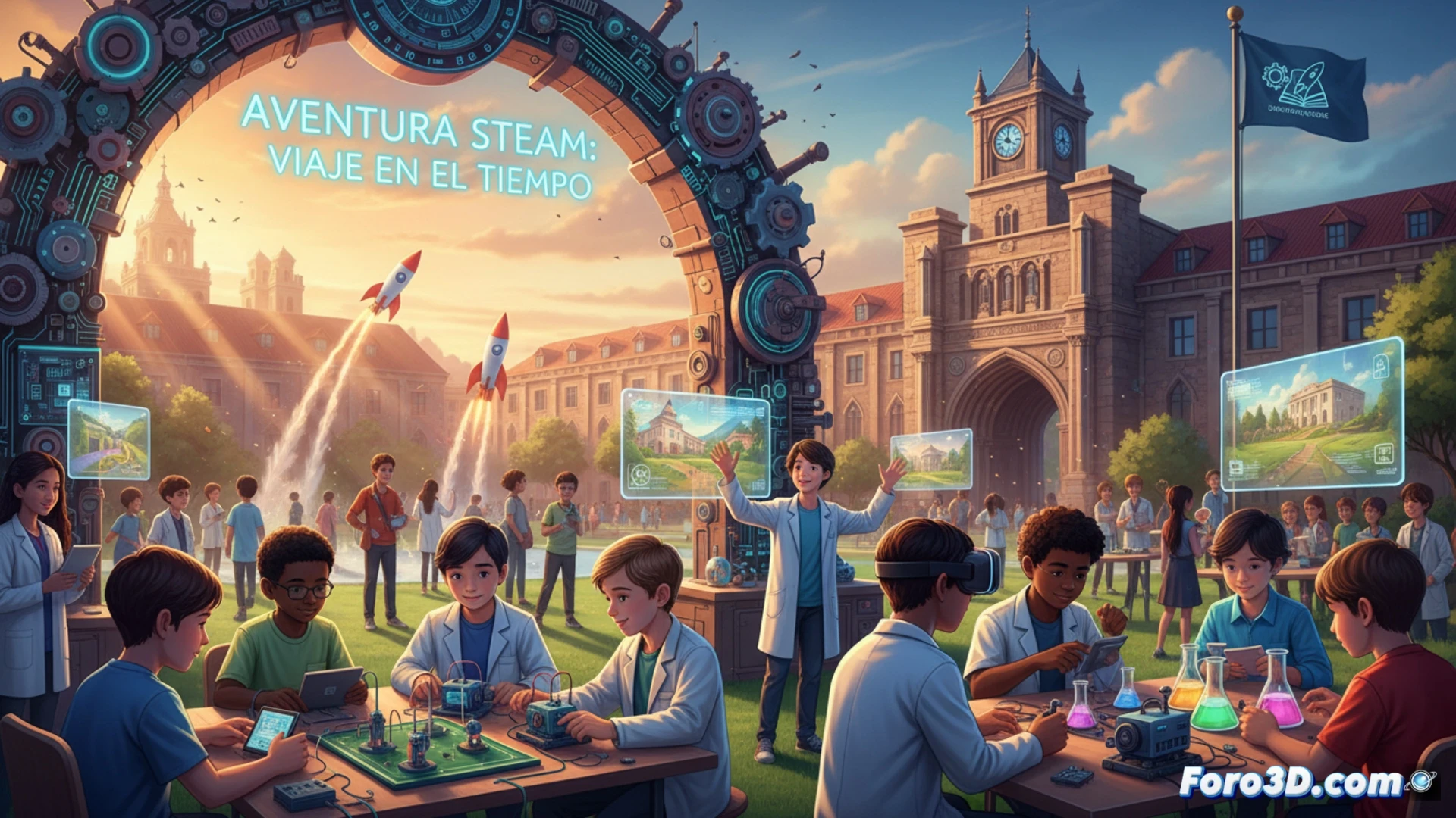 Descripción: Niños con gafas VR exploran dinosaurios y robots, en laboratorio futurista de la ULE, mezclando pasado y futuro.