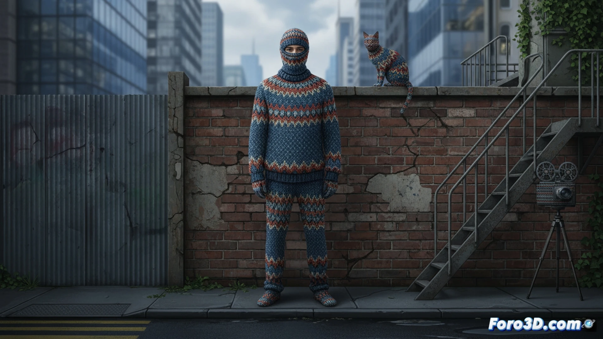 Una modelo con un suéter tejido a mano se funde ópticamente con un fondo de ladrillos.