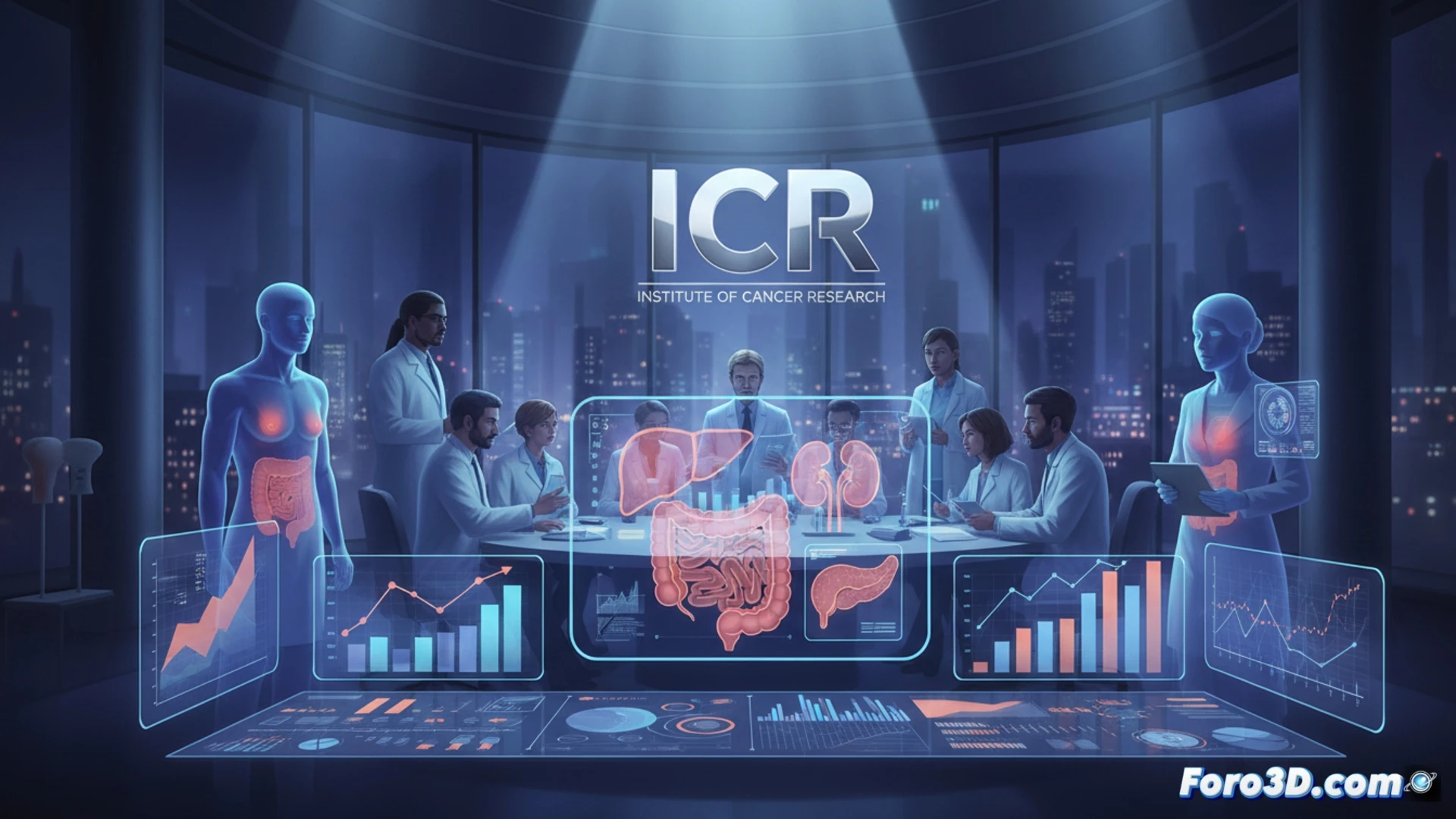Una gráfica de barras rojas ascendentes sobre un fondo azul oscuro, con figuras humanas jóvenes y siluetas de órganos (mama, colon, hígado) en tonos grises.