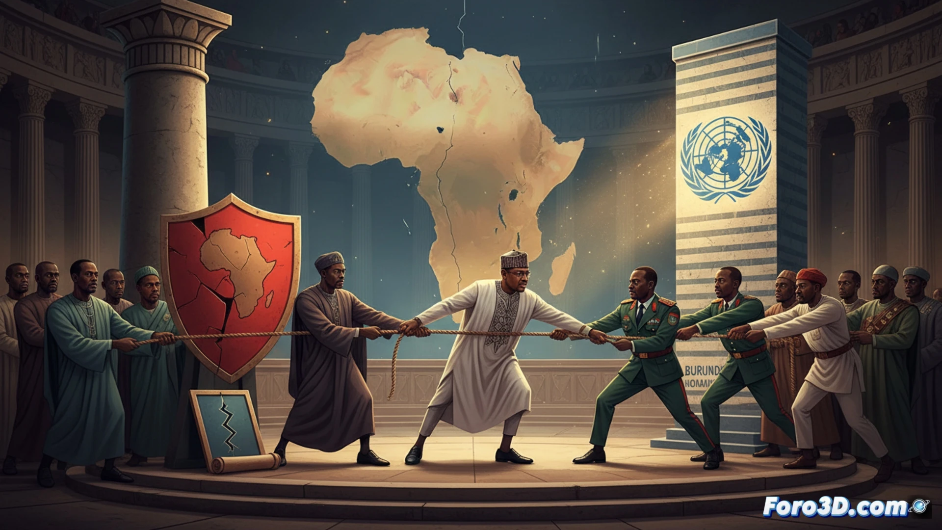 Un mapa africano con grietas, banderas divididas y figuras en desacuerdo.