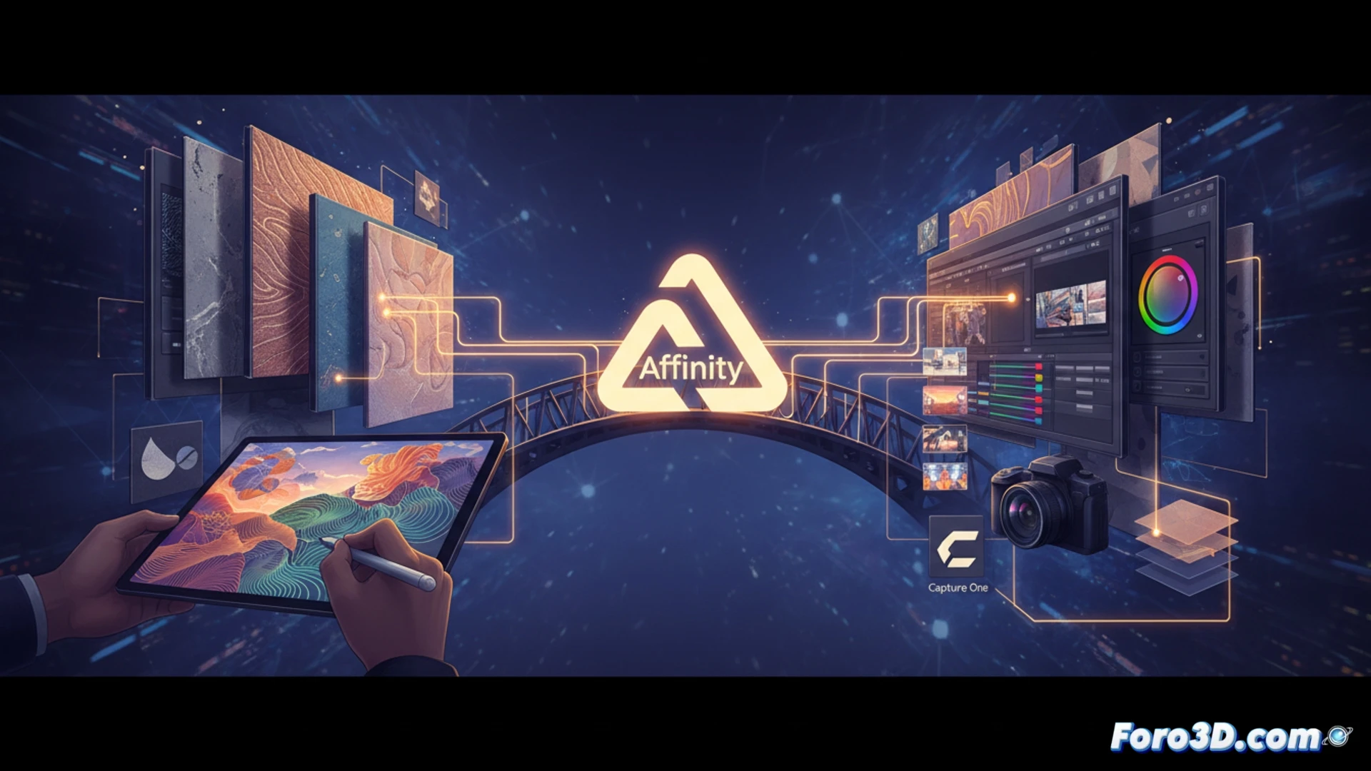 La imagen muestra un collage digital con los logos de Affinity Photo, Designer y Publisher fusionados en un círculo central. A la izquierda, un pincel vectorial dibuja texturas sobre un degradado de tonos medios. A la derecha, una ventana de DaVinci Resolve importa un título de Affinity con flechas de sincronización en tiempo real. Abajo, iconos de RAW y Capture One con capas preservadas.