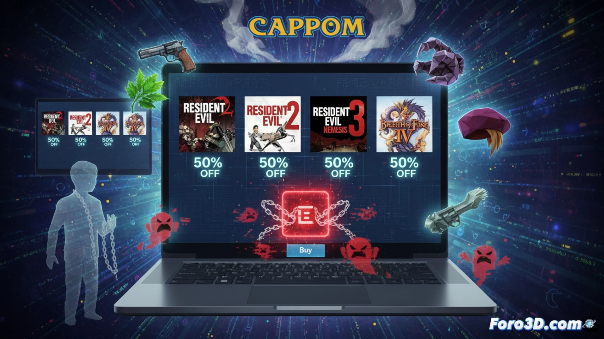 Logotipos de Steam y Capcom junto a capturas de los clasicos Resident Evil y Breath of Fire 4.