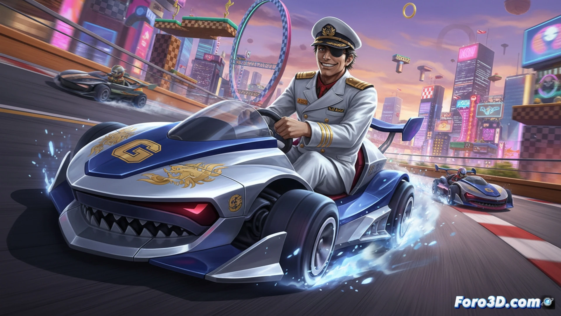 Una escena vibrante de carrera futurista con Goro Majima en su vehículo Goromaru Special, derrapando sobre un circuito arcade.