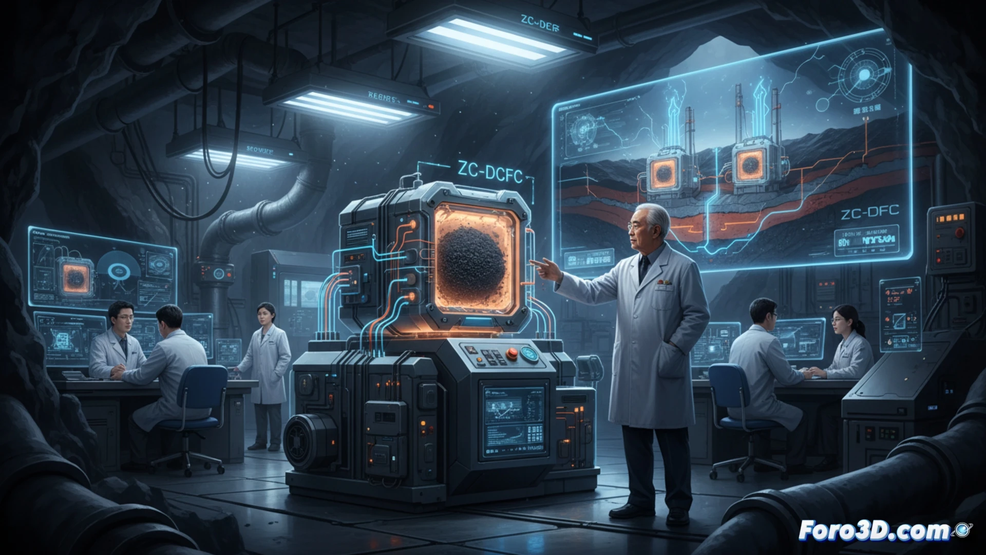 Una pila metálica plateada, con carbón pulverizado entrando por un lado y electricidad saliendo por cables, sin humo ni vapor.