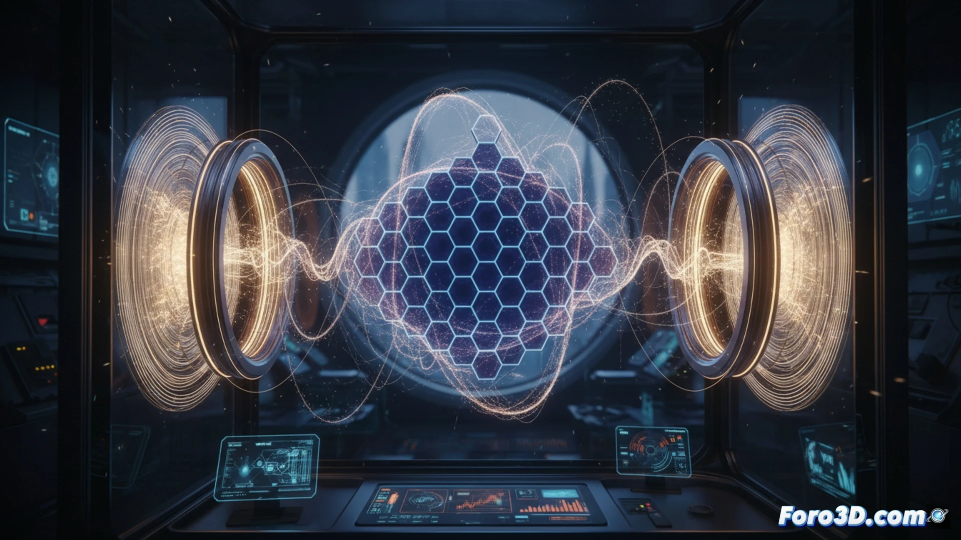 Una estructura de carbono cristalino, con electrones azules brillantes trazando caminos curvos entre planos 2D y redes 3D, bajo un resplandor magnético púrpura.