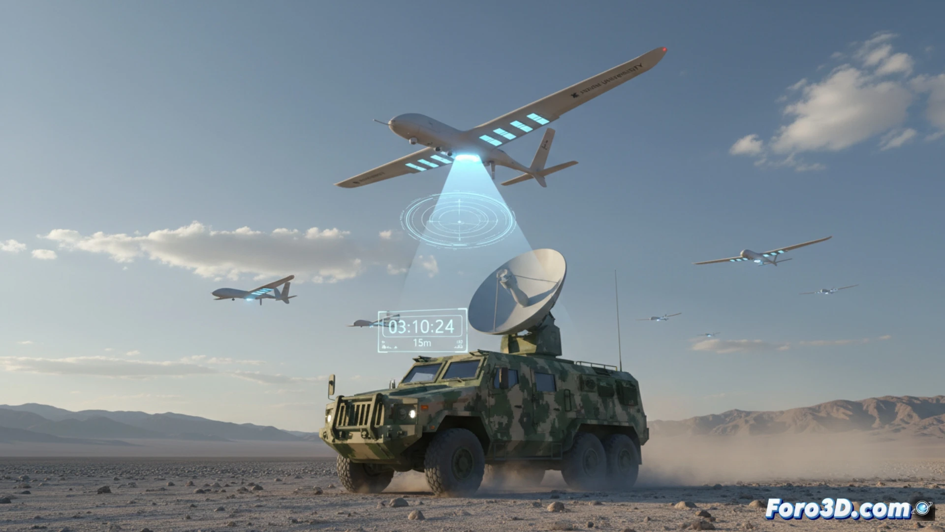 Un vehículo terrestre con antena emite microondas a una flota de drones en vuelo, cargándolos sin aterrizar.