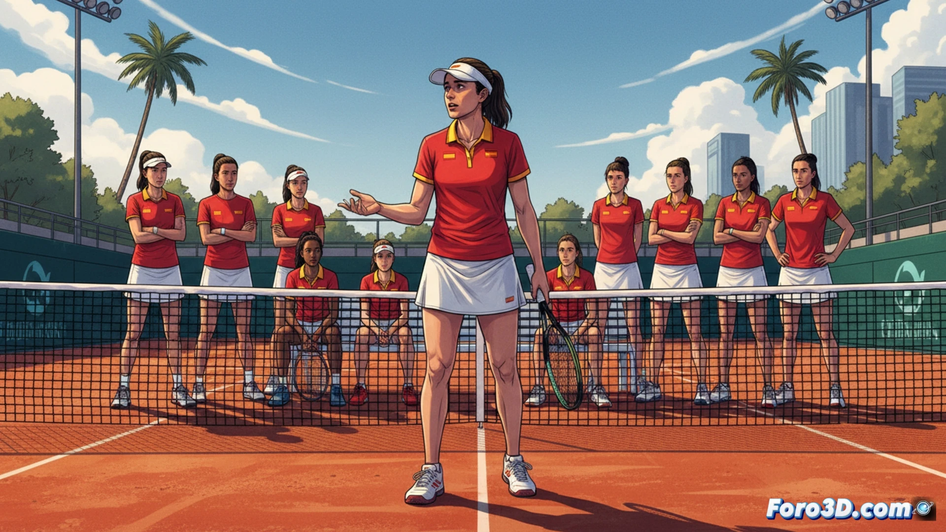 Carla Suárez, capitana de España, observa concentrada un partido de la BJK Cup desde el banquillo.