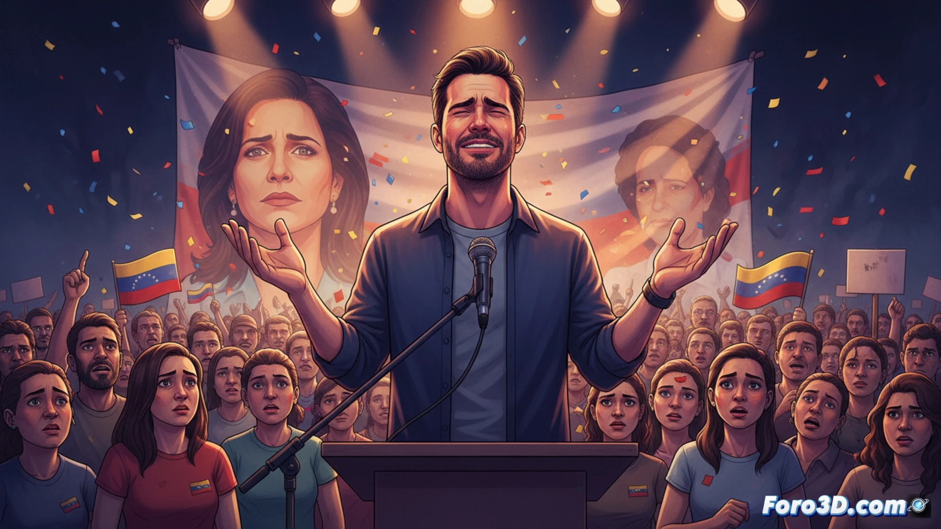 Cantante en escenario, rostro serio, ante micrófono y banderas políticas de fondo.