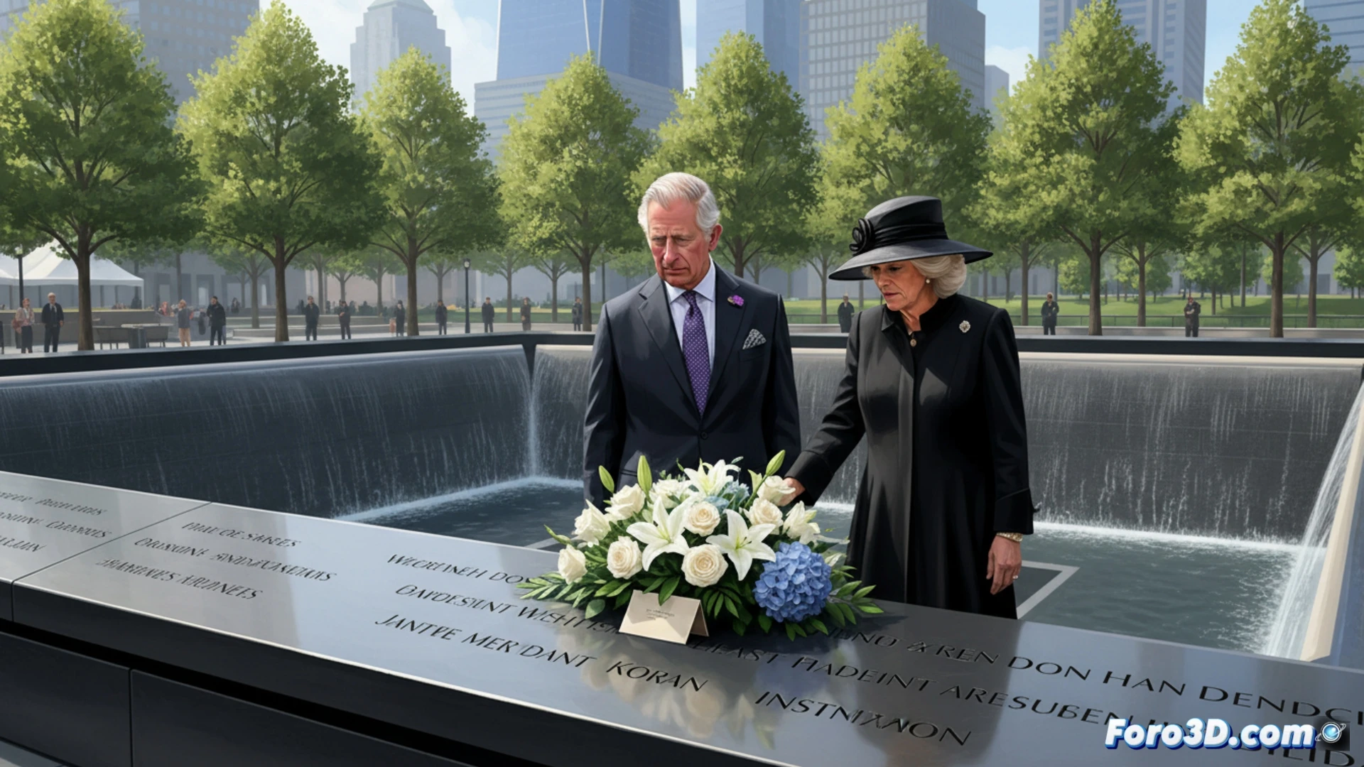 El rey Carlos III y la reina Camila colocan un ramo de flores en el memorial del 9/11 en Nueva York, con la nota de solidaridad visible.