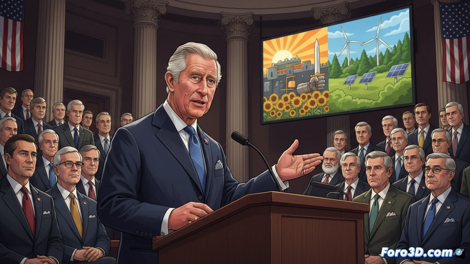 Carlos III ante el Congreso de EE.UU., con gesto sereno, insta a no aislarse y defender Ucrania, con banderas de fondo.