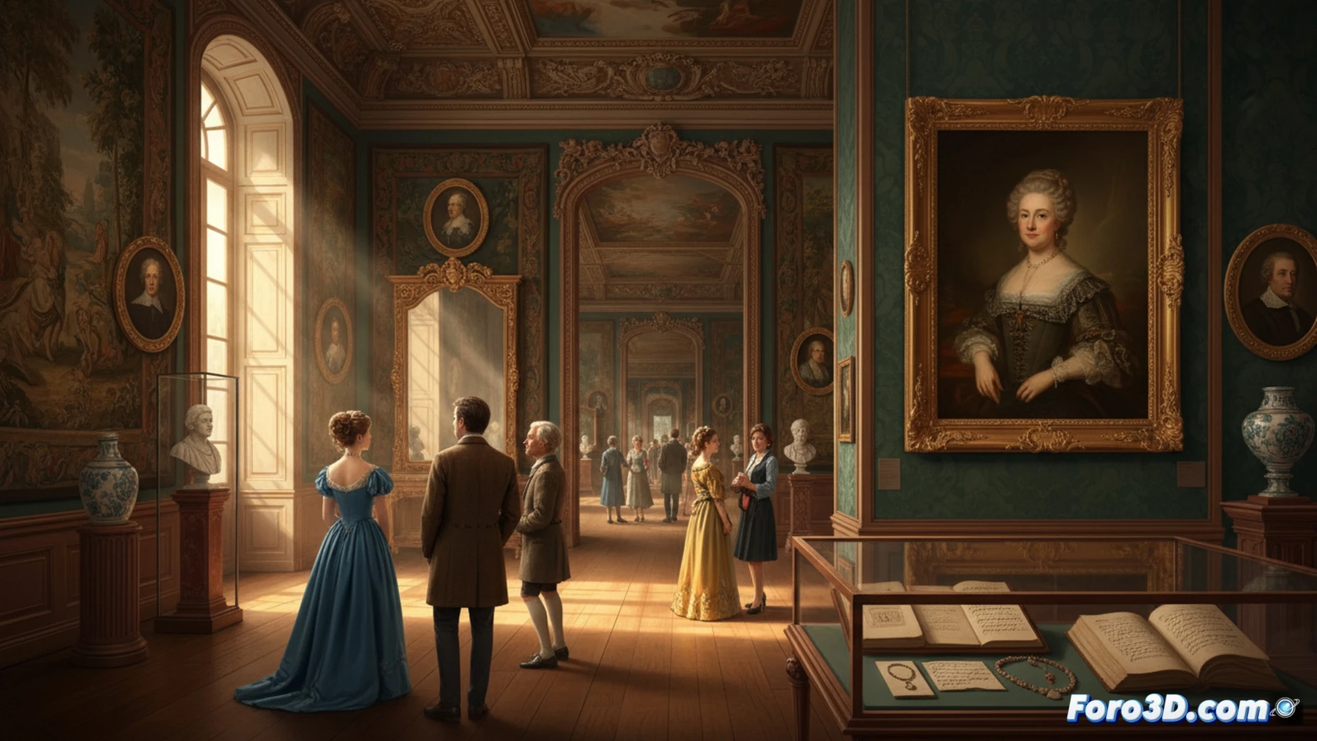 Retrato de Madame de Sévigné en su residencia, el Carnavalet, rodeada de sus cartas y objetos de época.