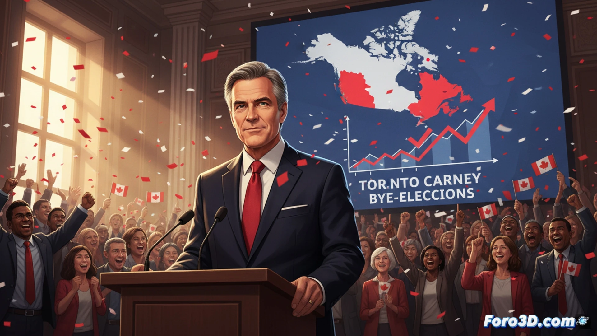 Primer ministro Carney celebra victorias electorales en Toronto, asegurando mayoría liberal en el parlamento.