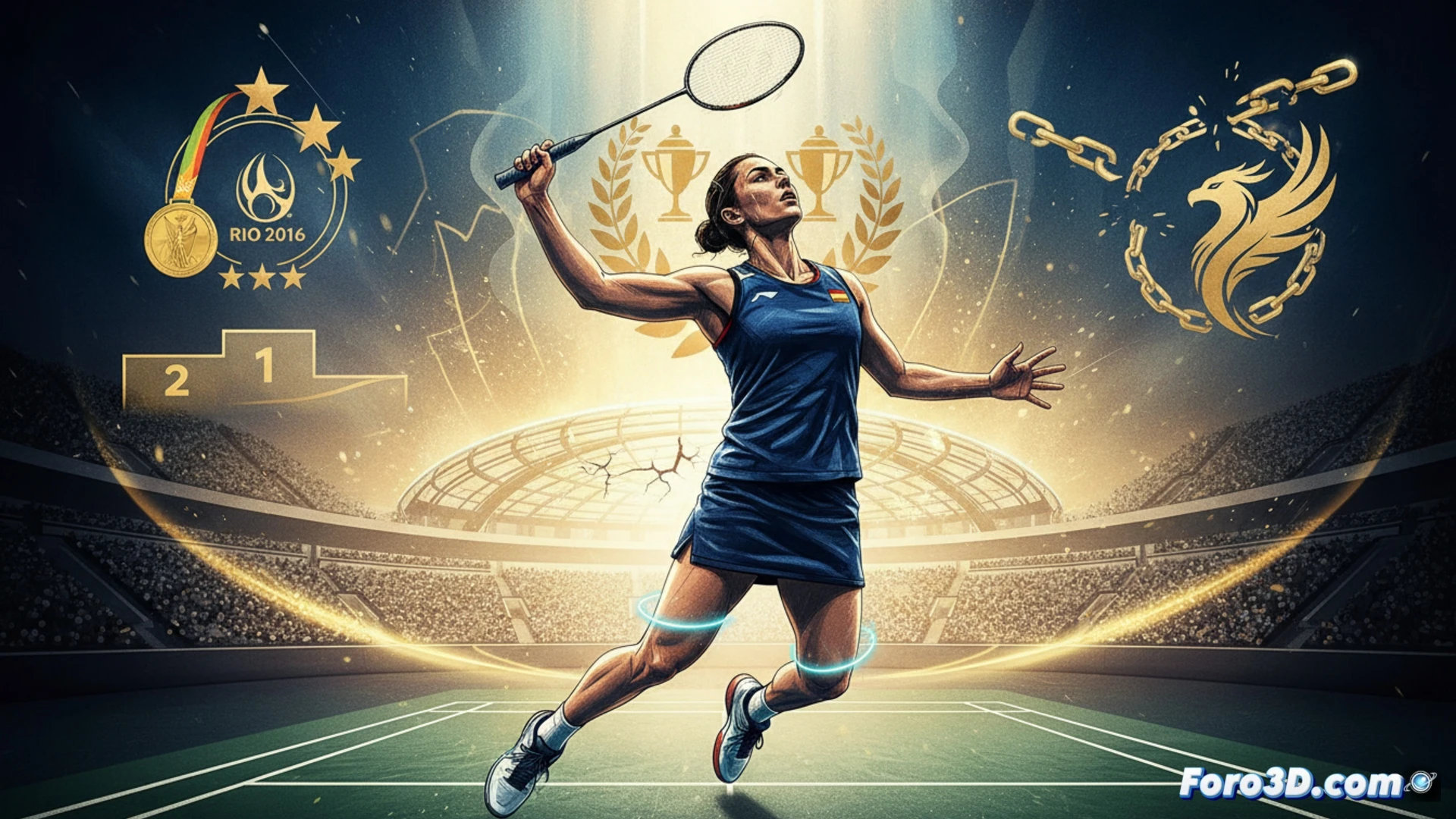 Modelo 3D de la biomecánica de un salto en bádminton, mostrando tensión muscular y articular en la rodilla.