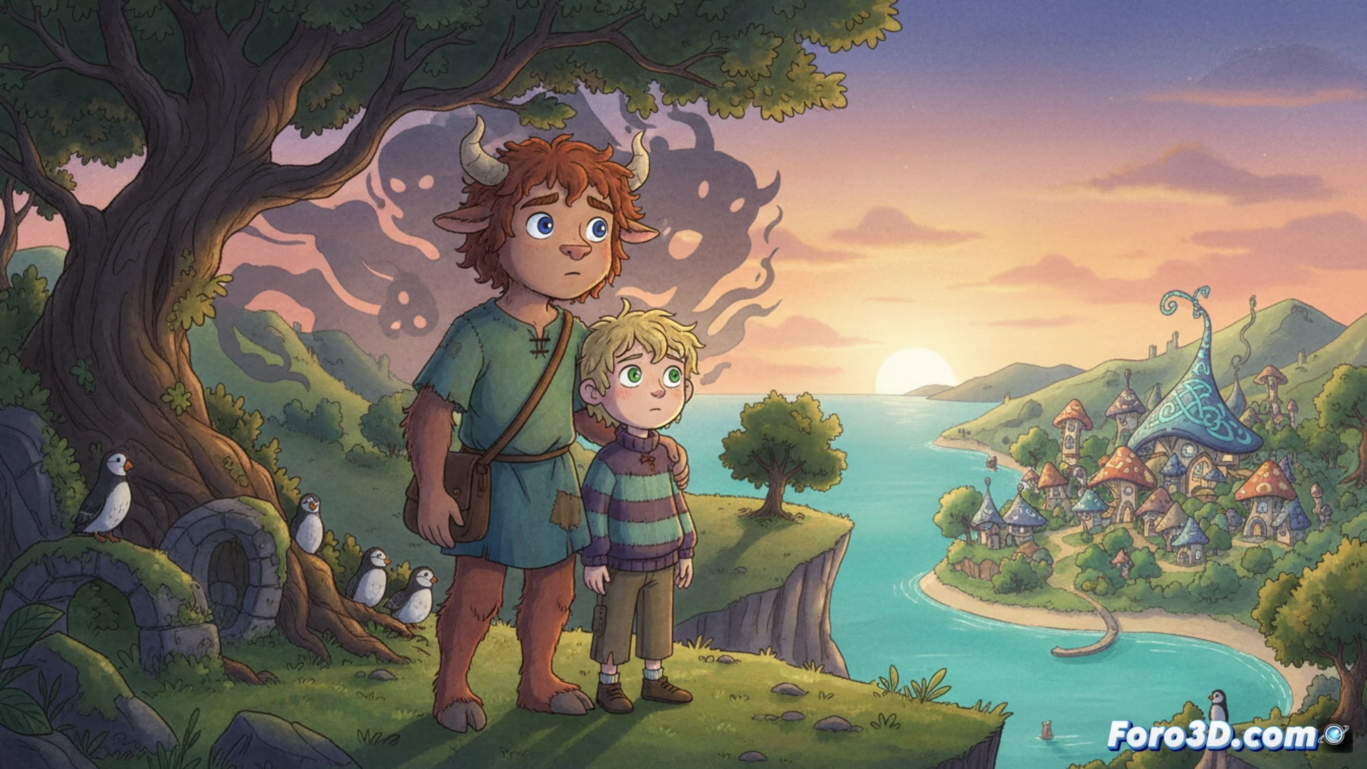 Un joven minotauro y su hermano humano observan un bosque celta iluminado por niebla y luces mágicas.