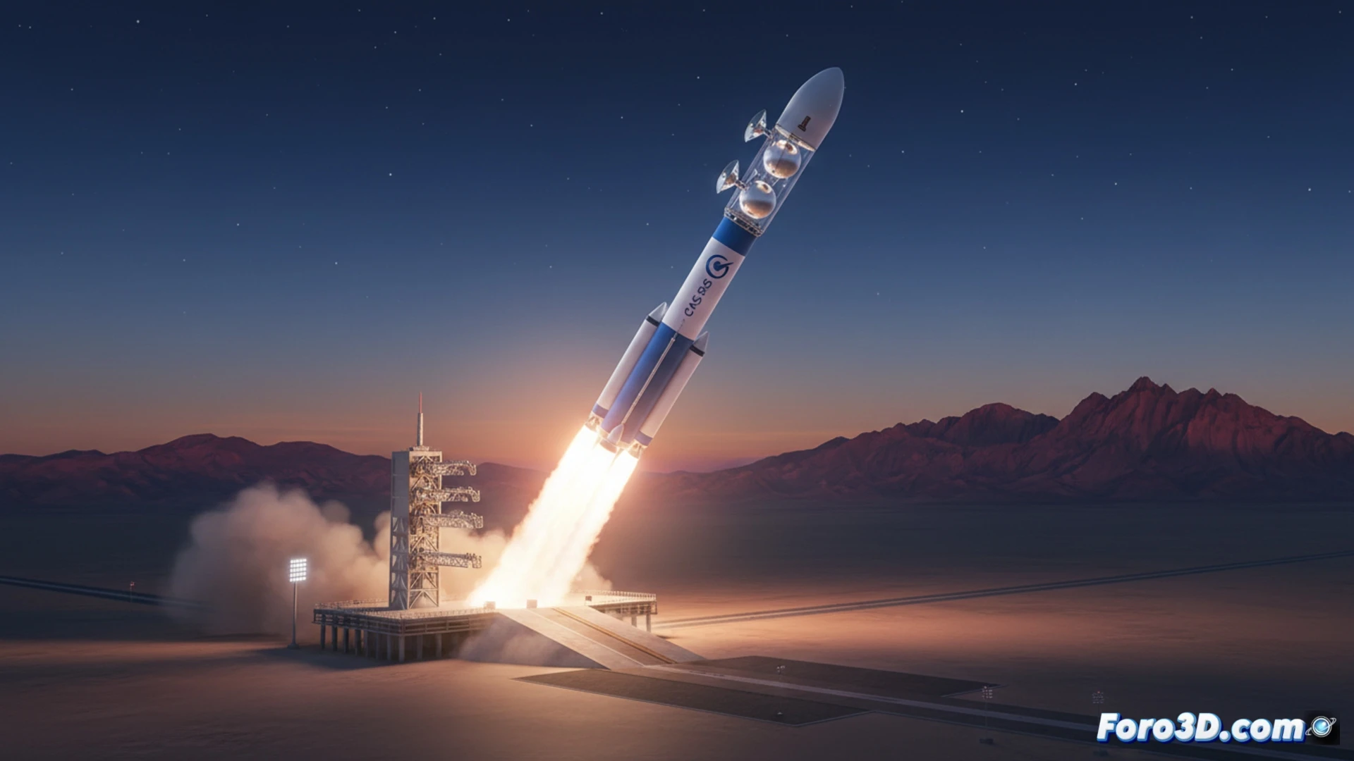 Un cohete Kinetica-2 despega de noche desde Jiuquan, iluminando la plataforma, mientras el logotipo de CAS Space se destaca en su fuselaje.