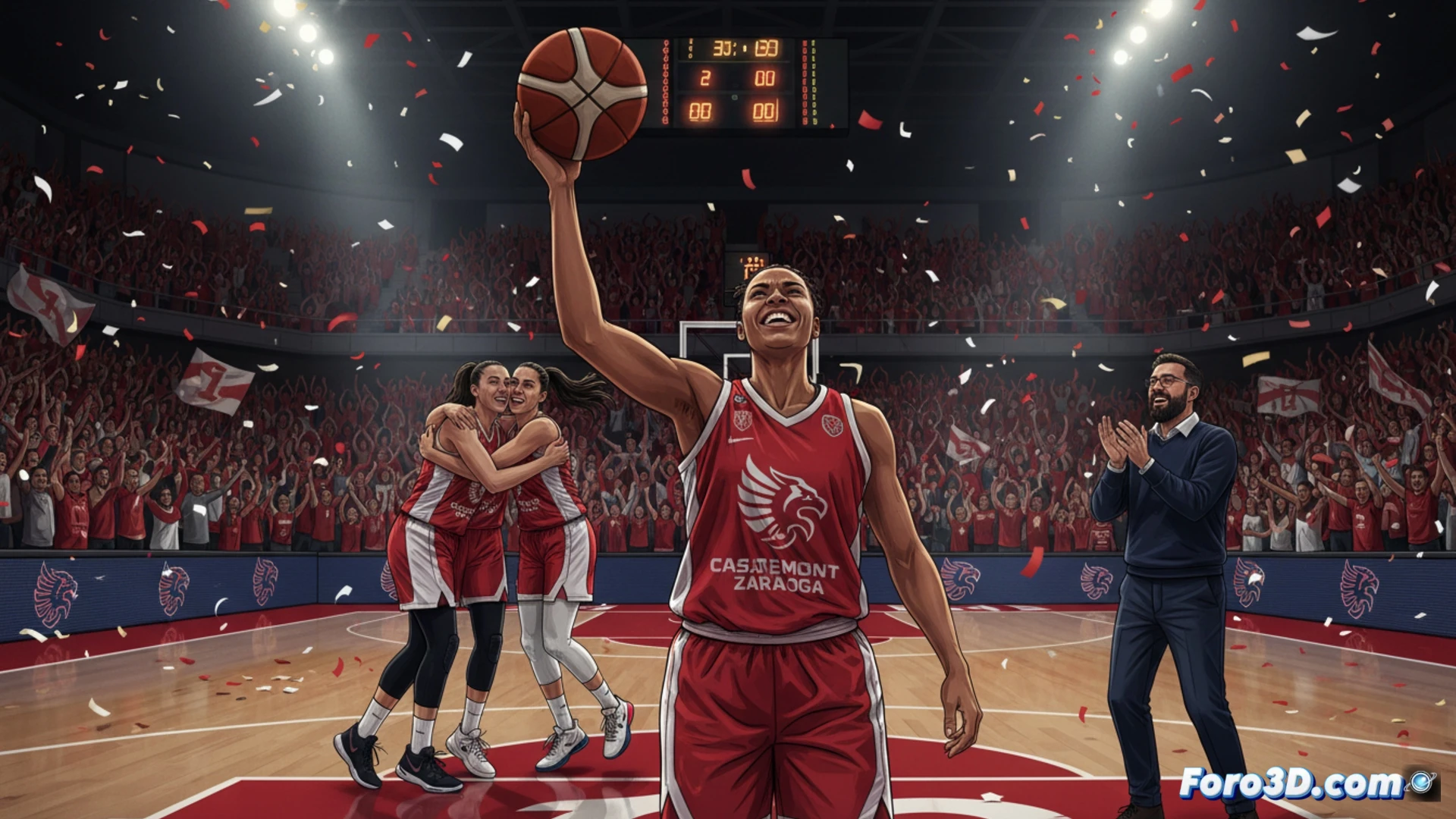 Jugadoras de Casademont Zaragoza celebran sobre el parquet, con el marcador 72-80 al fondo, tras vencer al Movistar Estudiantes.