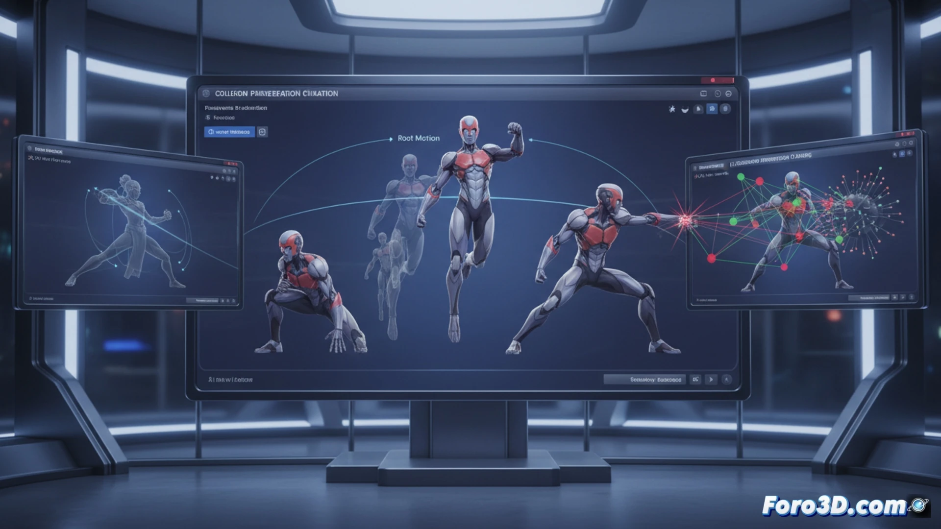 Un animador observa un modelo 3D en Cascadeur, con visualizaciones de IA corrigiendo su movimiento y colisiones.