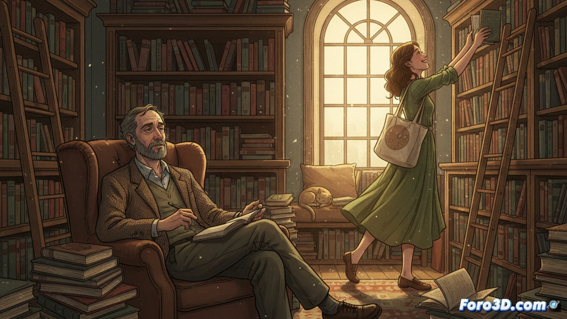 Un escritor desencantado en una librería, rodeado de libros, con expresión reflexiva.