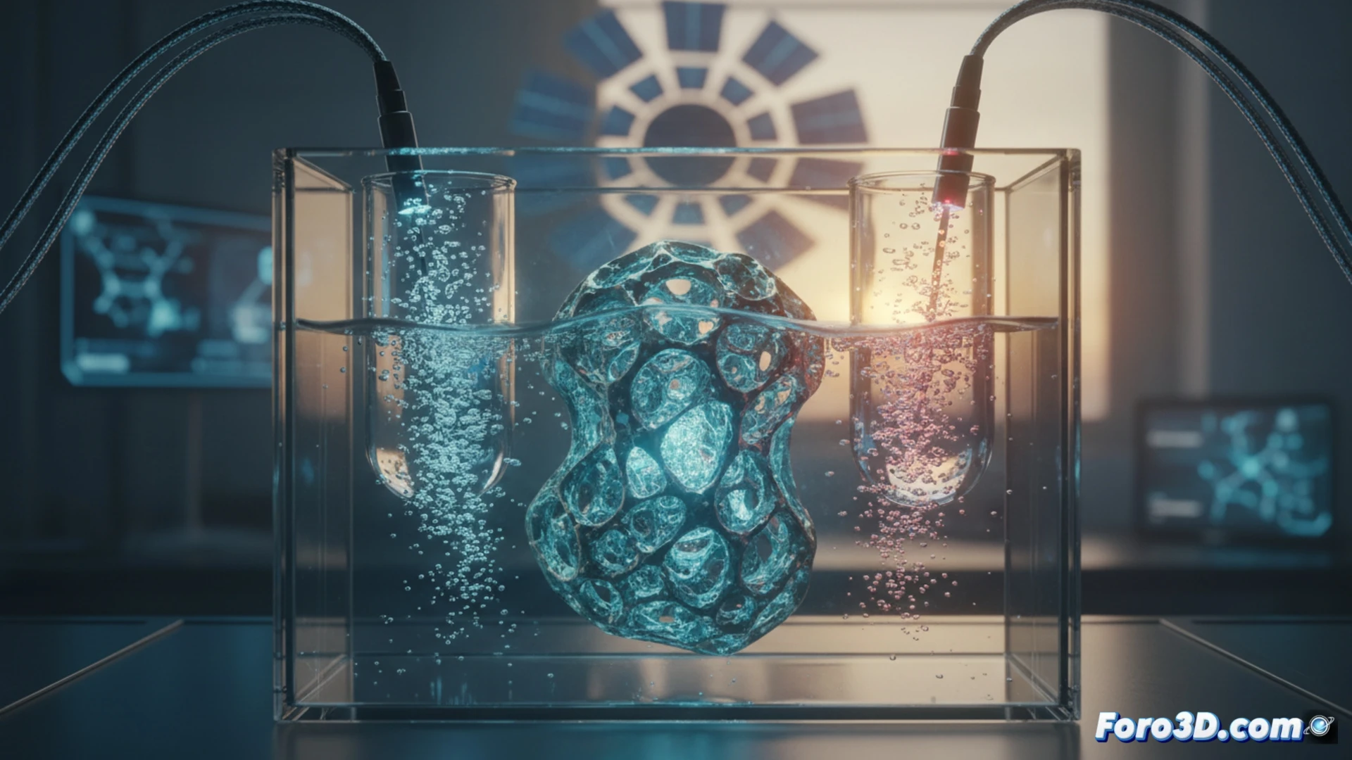 Imagen que muestra un reactor de electrólisis con un catalizador impreso en 3D, poroso y metálico, sumergido en agua. Burbujas de hidrógeno ascienden desde su superficie, iluminadas por un resplandor verde, simbolizando energía limpia y eficiencia.