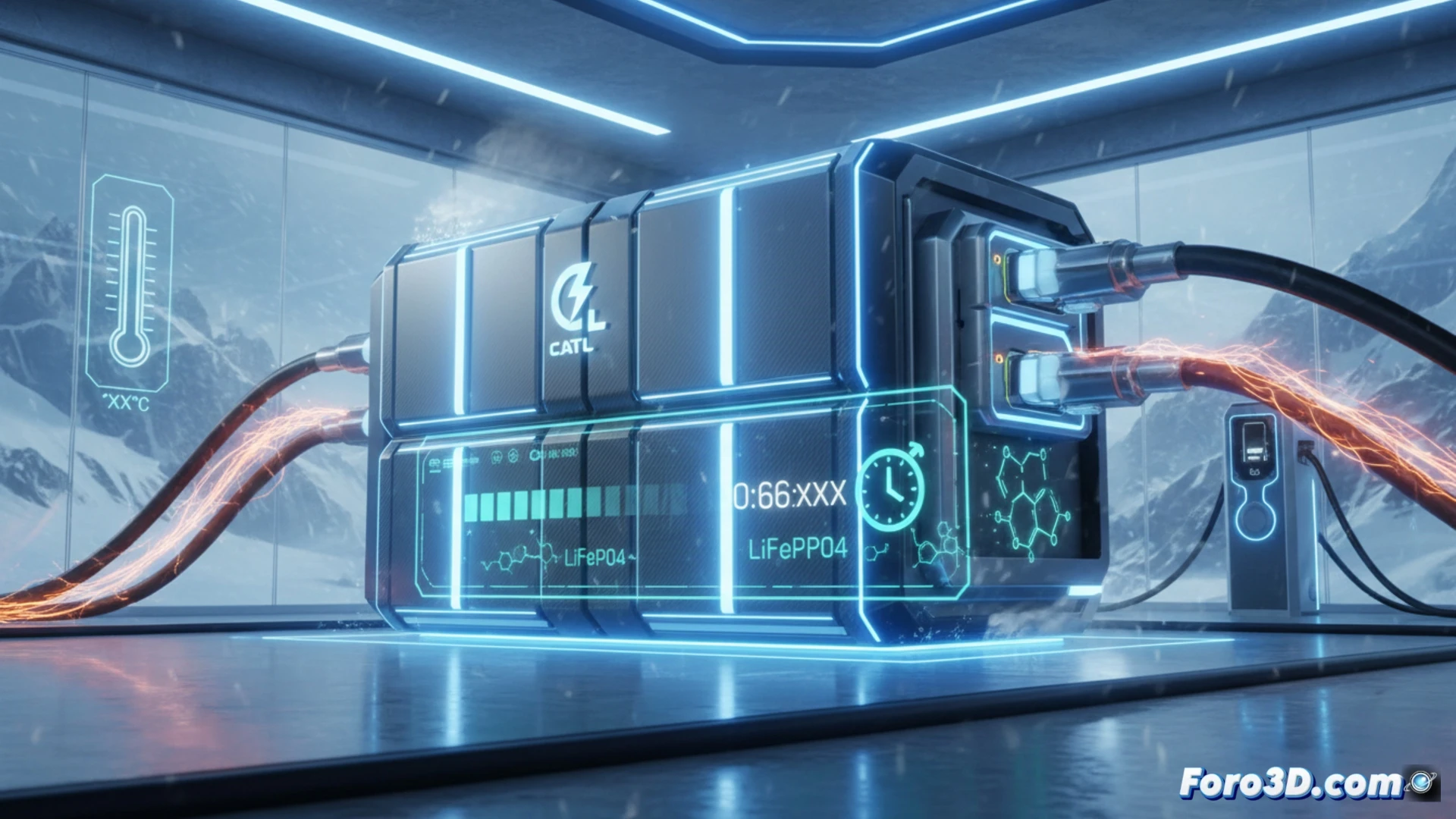 Batería de ferrofosfato de litio en primer plano, con un vehículo eléctrico cargando en una estación nevada en seis minutos.