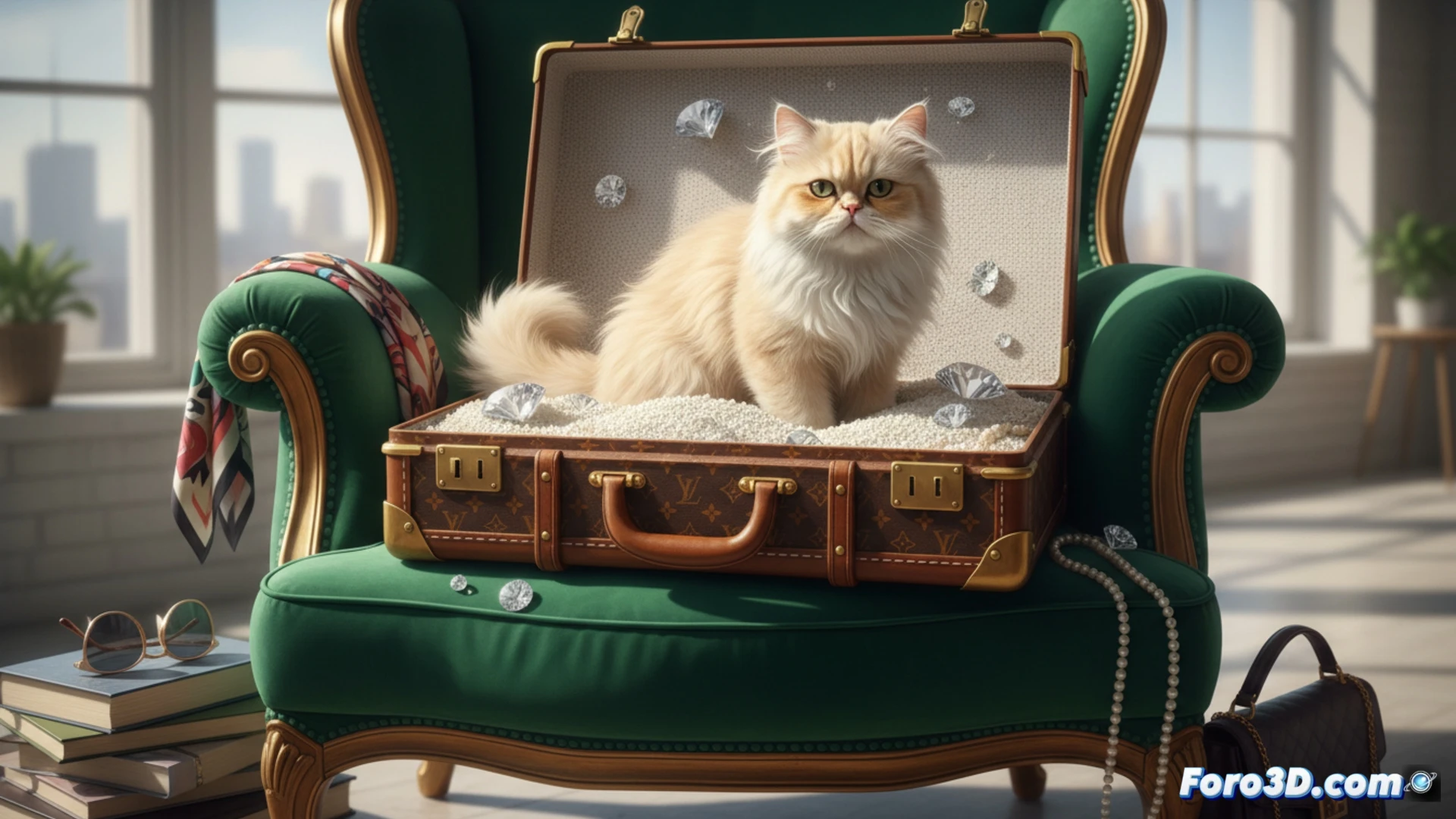 Gato posa sobre una maleta de lujo convertida en arenero, en una imagen de estética pulida y satírica.