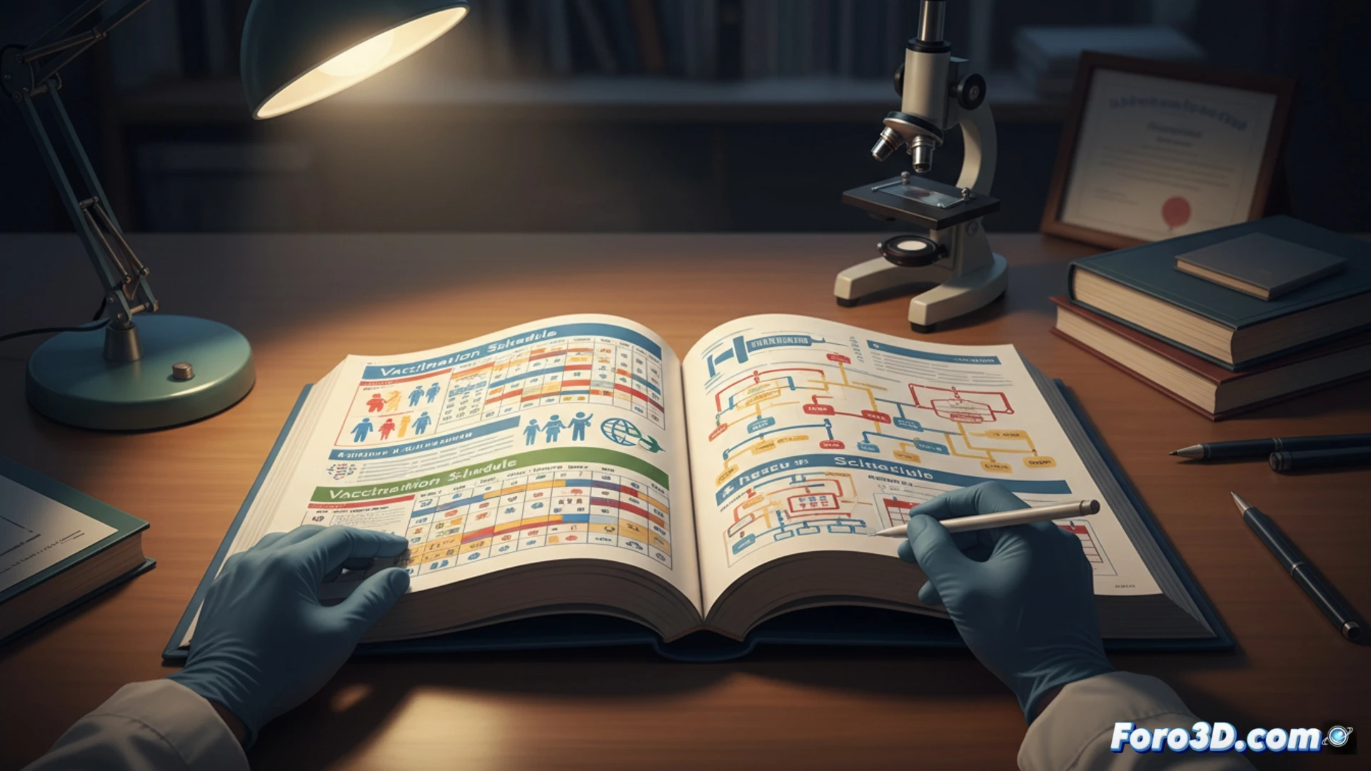 Un pediatra consulta una guía de vacunación actualizada contra la poliomielitis, con tablas claras y recomendaciones prácticas.