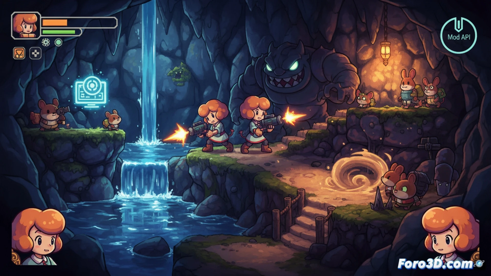 Imagen del videojuego Cave Story con dos personajes en modo cooperativo, gráficos renovados y efectos de luz.