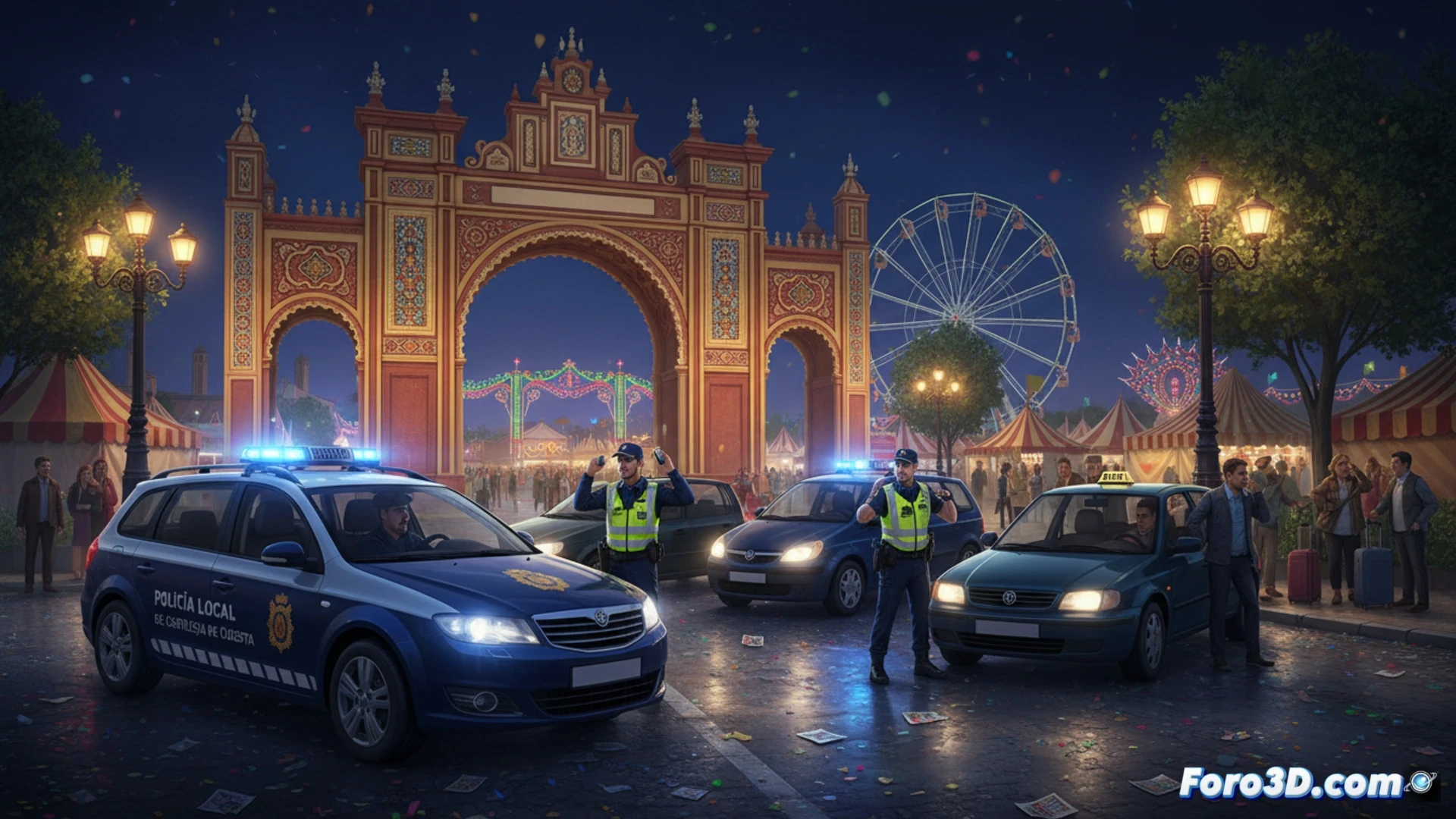 Tres coches parados por policía local en control de Feria de Sevilla 2026, detectan taxis piratas sin licencia.