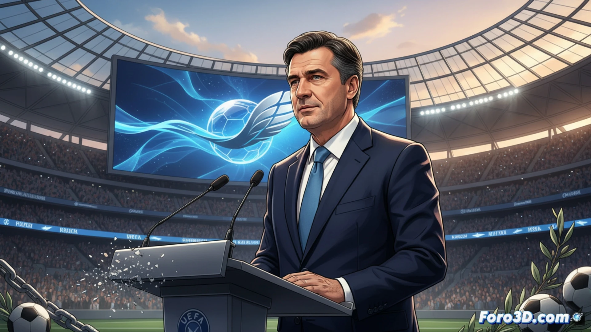 Aleksander Ceferin, presidente de la UEFA, habla en el Riyadh Air Metropolitano, con gesto sereno y manos abiertas pidiendo paz. Al fondo, símbolos de Superliga, covid y guerra se desvanecen. Jóvenes con móviles miran partidos completos en pantallas gigantes.