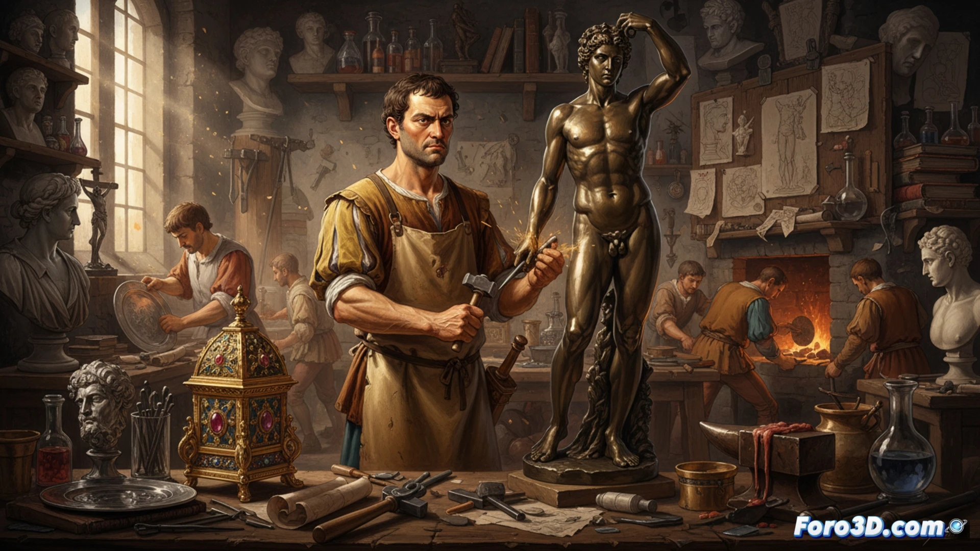 Escultura renacentista de Perseo junto a un modelo 3D de un anillo en pantalla de ordenador.