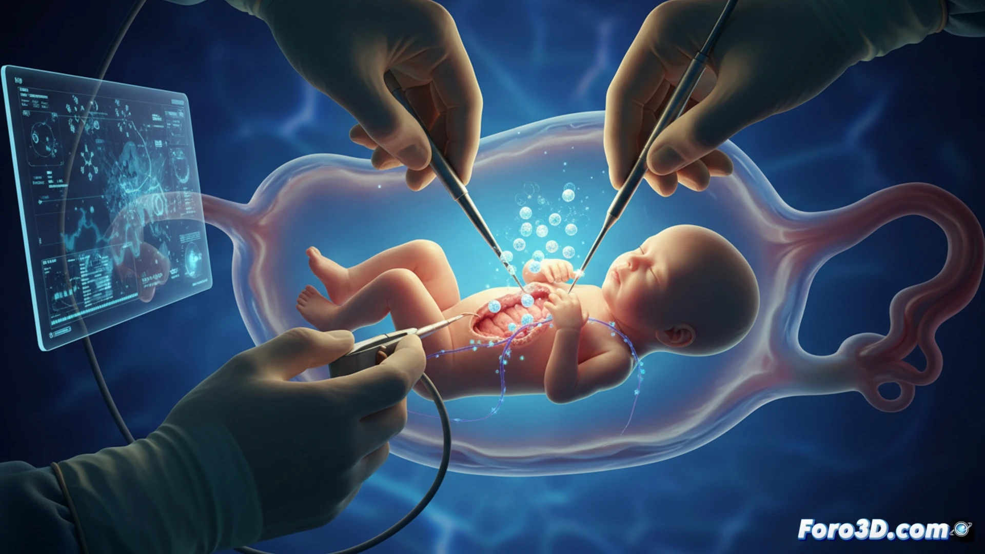 Un parche de células madre sobre la médula espinal de un feto, reparando la espina bífida dentro del útero.