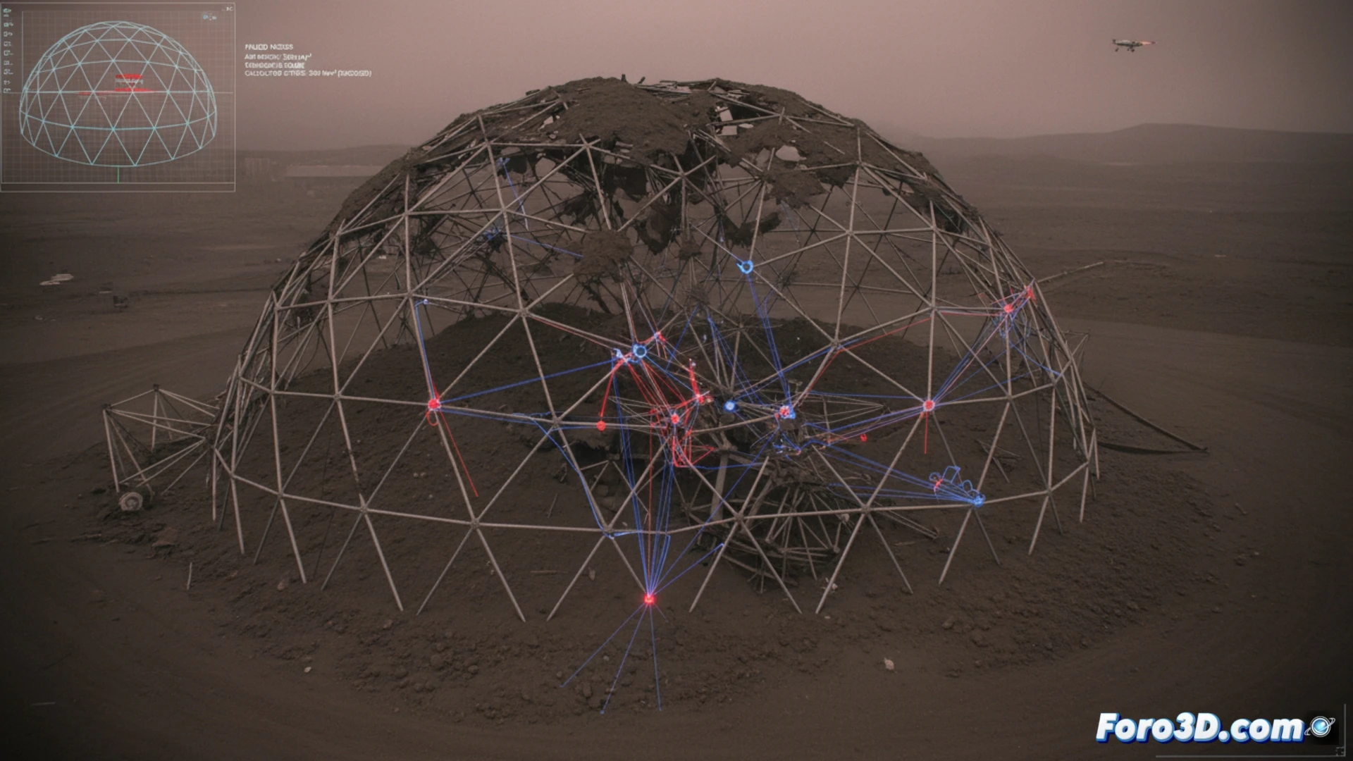 Cúpula geodésica colapsada bajo ceniza volcánica con escombros esparcidos y equipo de inspección forense 3D