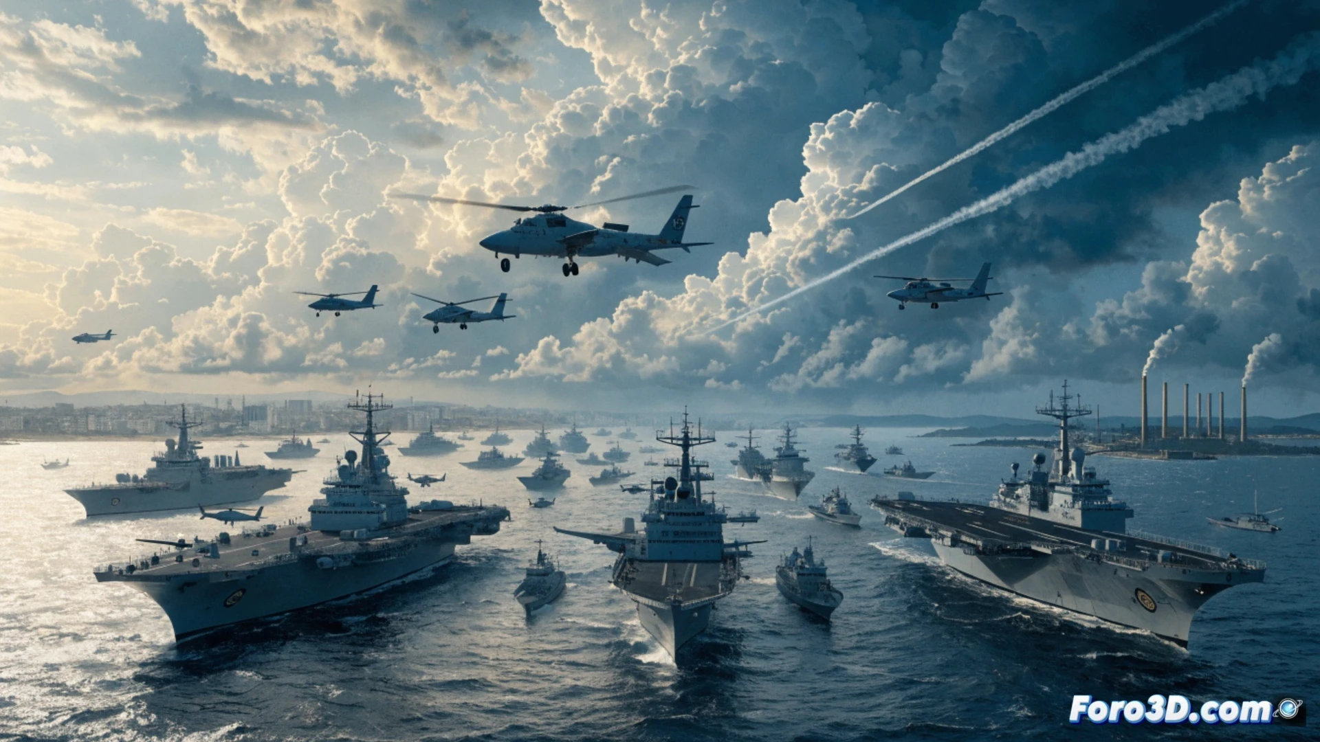 Imagen de buques de guerra bloqueando puertos iraníes bajo un cielo tenso, con siluetas de cargueros detenidos.
