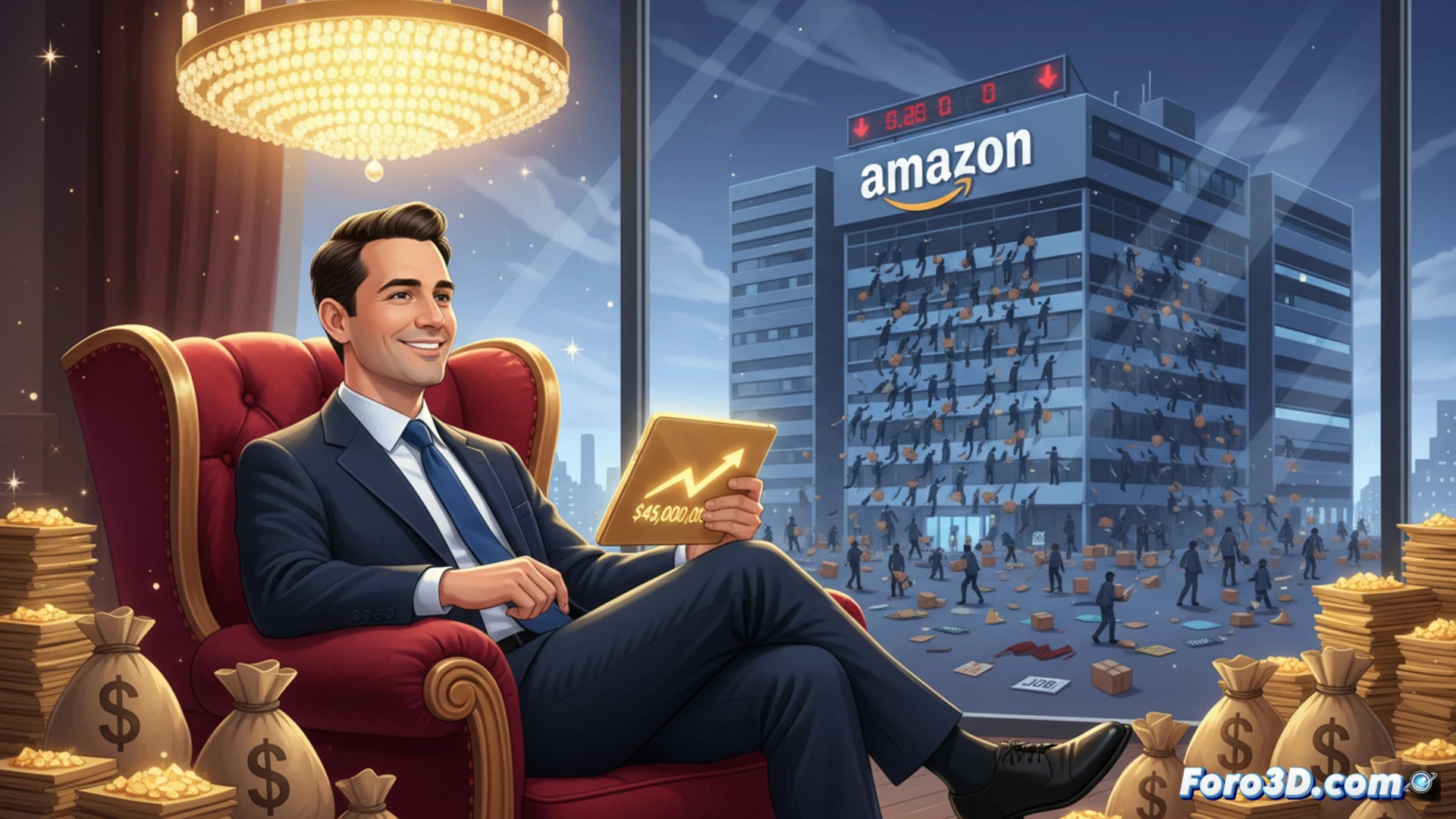 CEO Andy Jassy sonríe ante gráficos al alza, mientras figuras sombrías con cajas de cartón salen por la puerta.