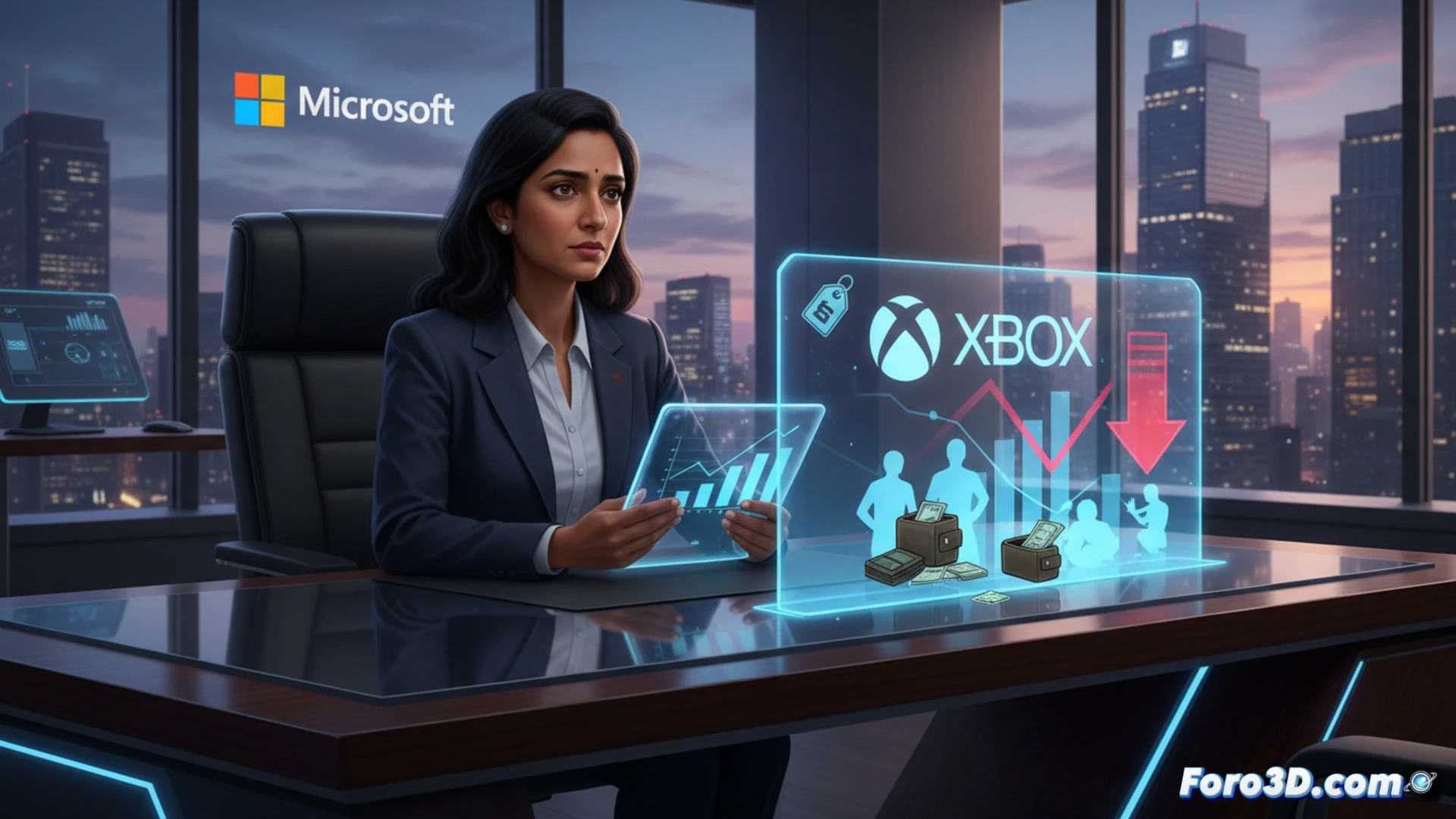 Una ejecutiva de Microsoft observa gráficos de precios con expresión preocupada, reflejando el costo de Game Pass.