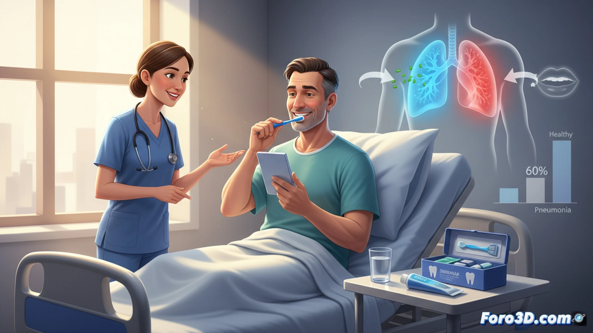 Un paciente hospitalizado cepillándose los dientes, con gráficos de bacterias y pulmones en segundo plano.