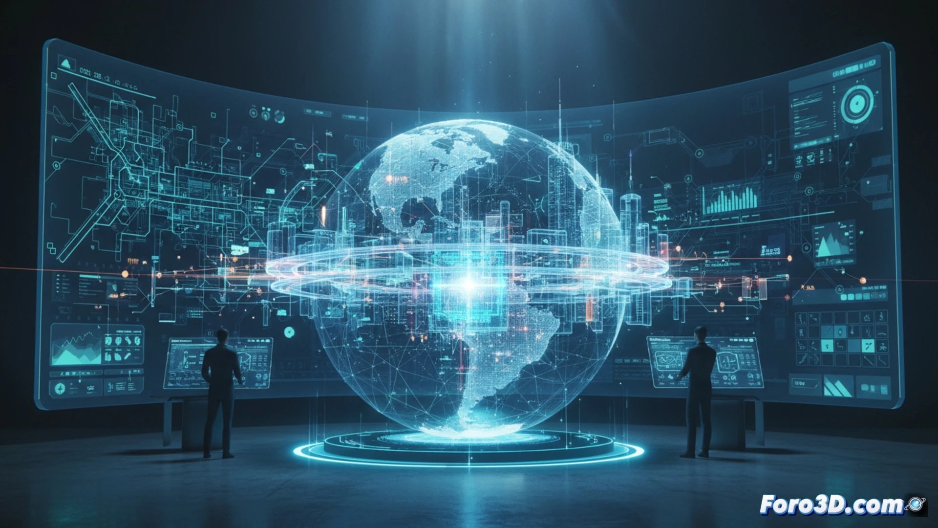 Una ciudad digital en 3D, con edificios detallados, flujos de tráfico simulados y datos superpuestos, navegable sobre un globo terráqueo interactivo en un navegador web.