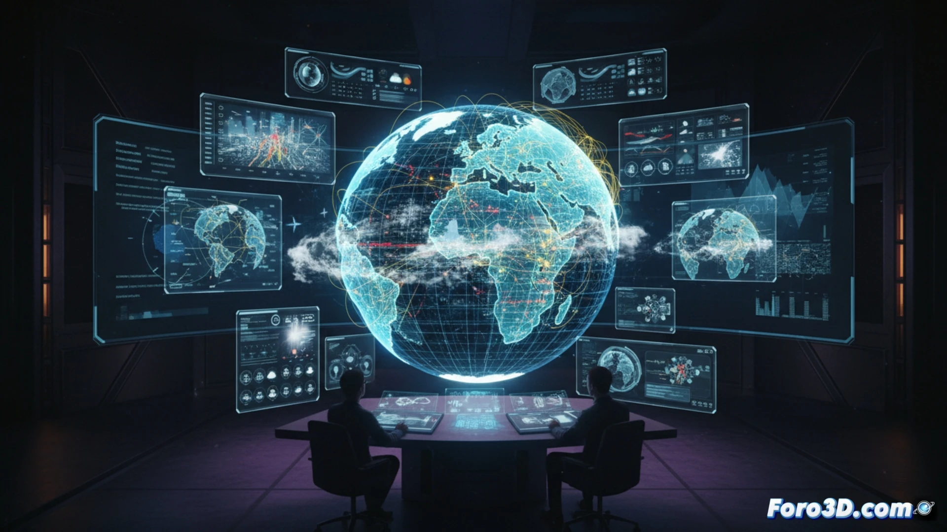 Un globo terráqueo digital 3D muestra capas de datos dinámicos, como logística y clima, sobre un modelo topográfico detallado de la Tierra.