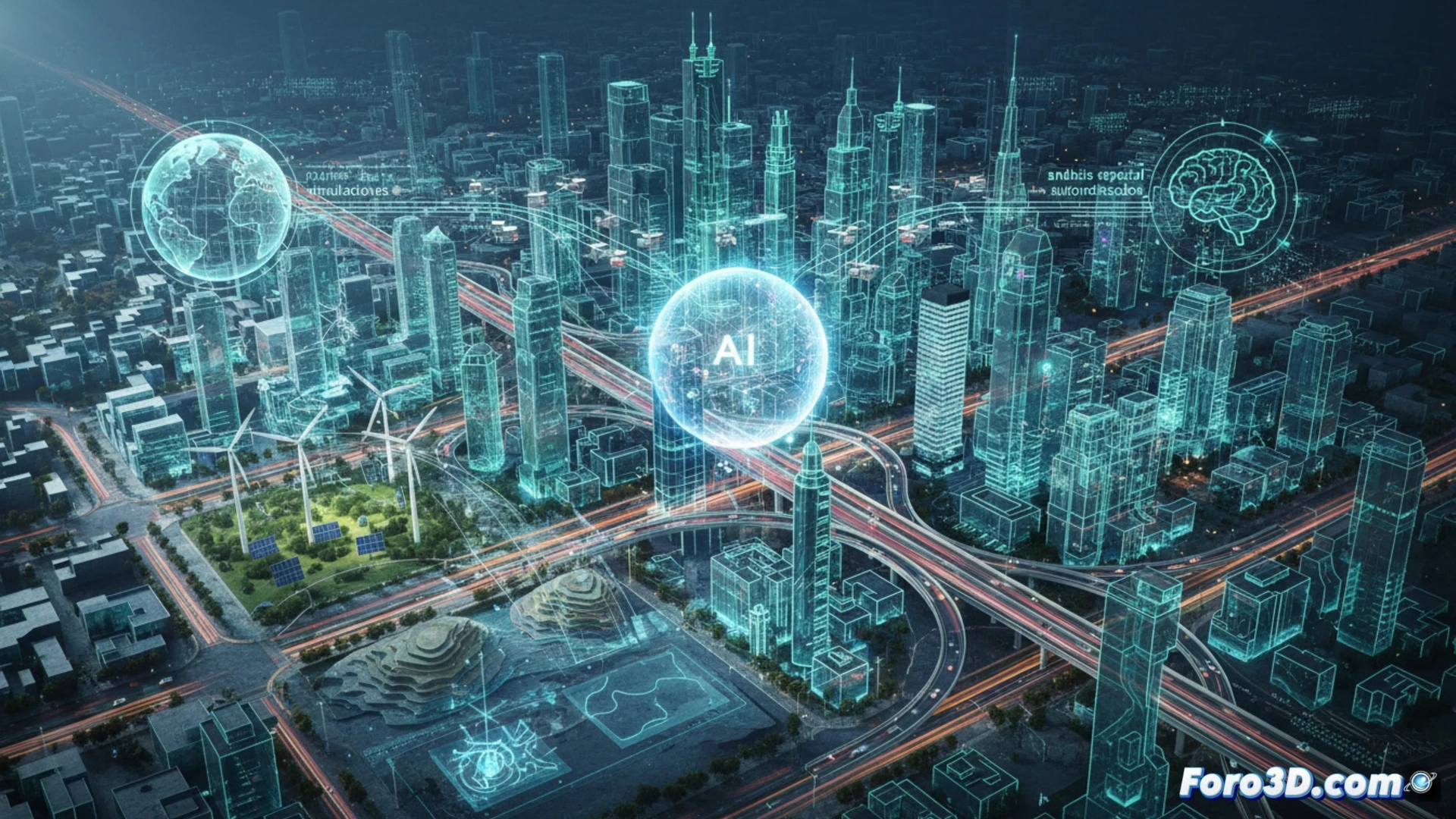 Un globo terráqueo 3D digital, con redes neuronales superpuestas analizando y generando automáticamente modelos de tráfico urbano y cobertura forestal.